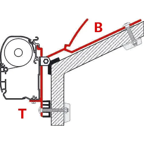 Technische Schnittdarstellung eines T-Adapters zur Befestigung einer Markise an einer Wand, mit rot markierten Bereichen T und B