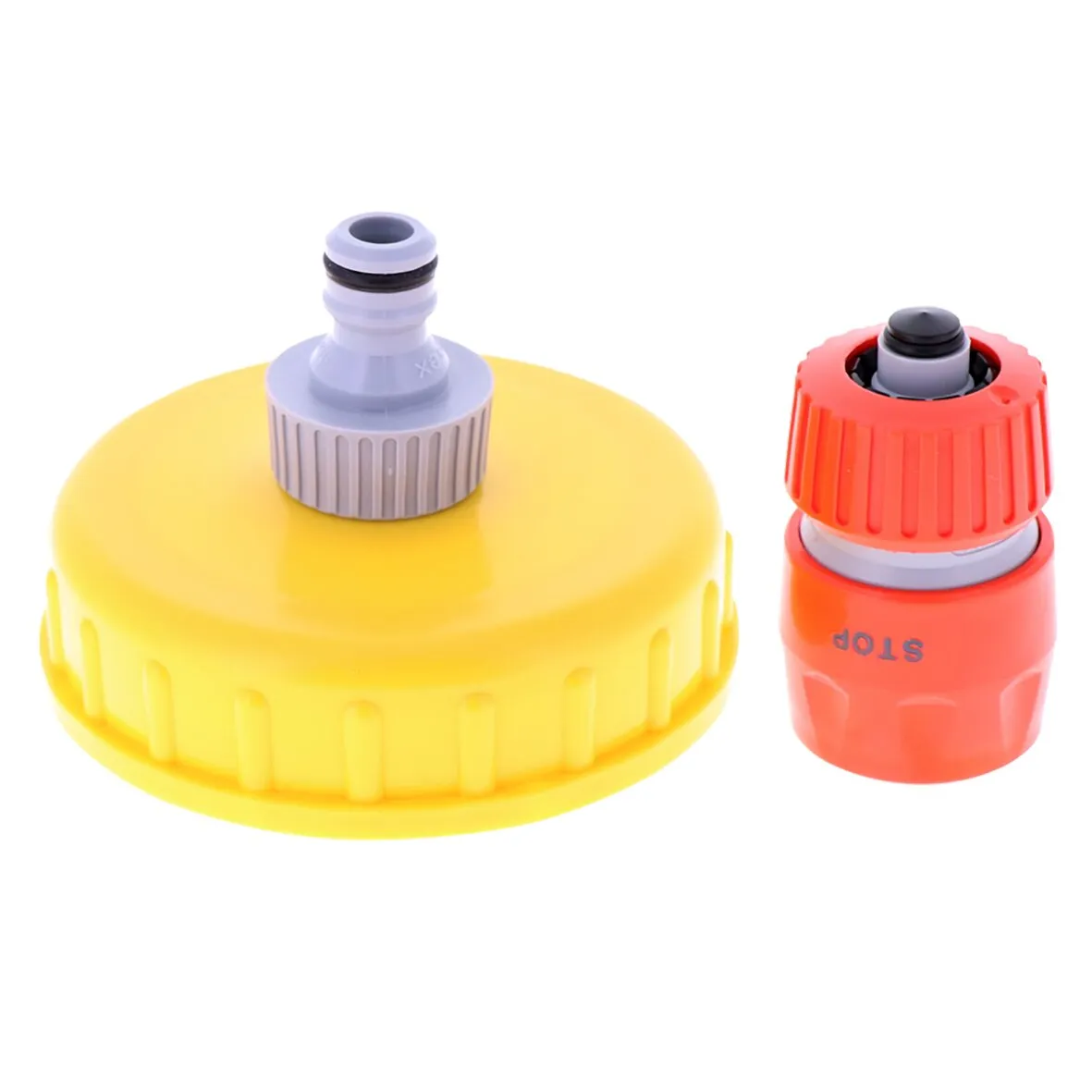 Gelber Verschluss DIN 96 mit grauem Anschluss neben rotem Schlauchkupplungsstück mit schwarzem Ventilaufsatz