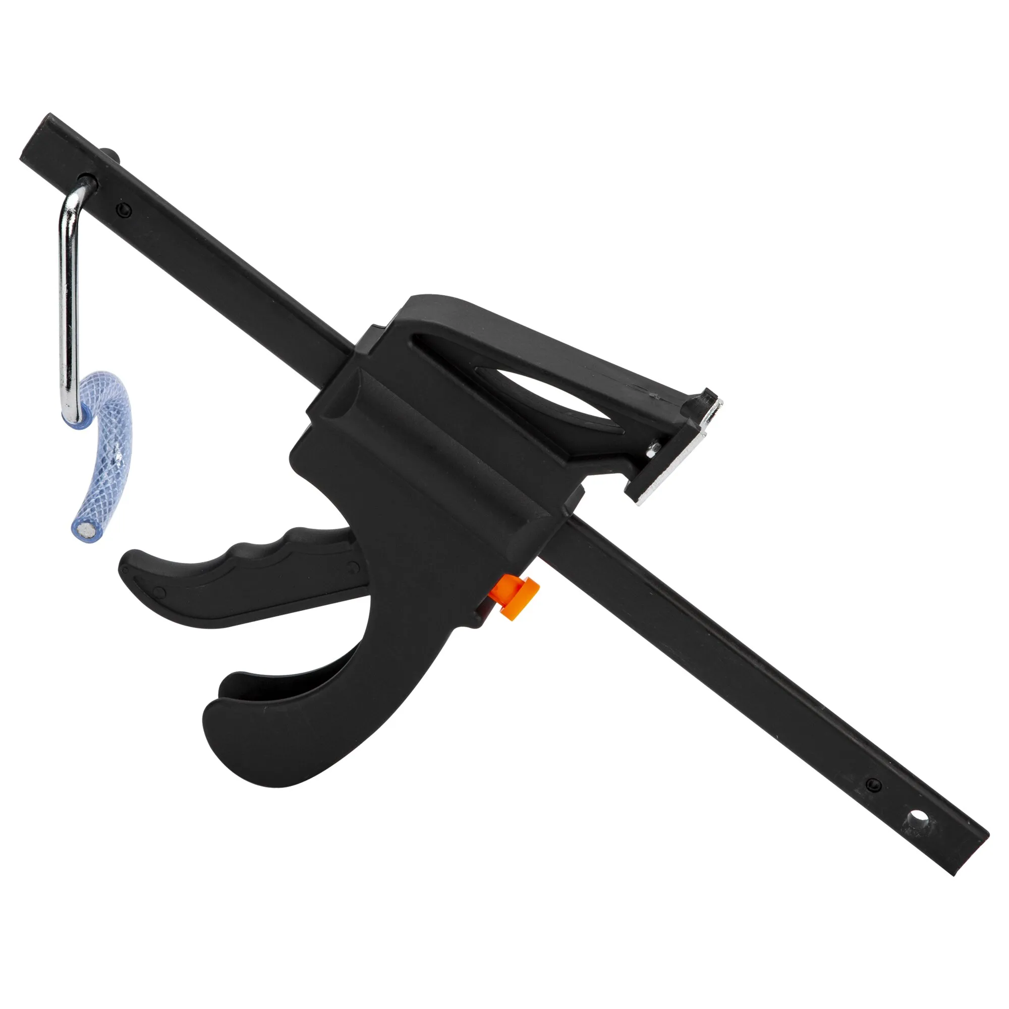 Schwarzer Gestängespanner für Vorzelte mit langem Spannhebel, Metallhaken, blauem Schlauch und orangefarbener Arretierung