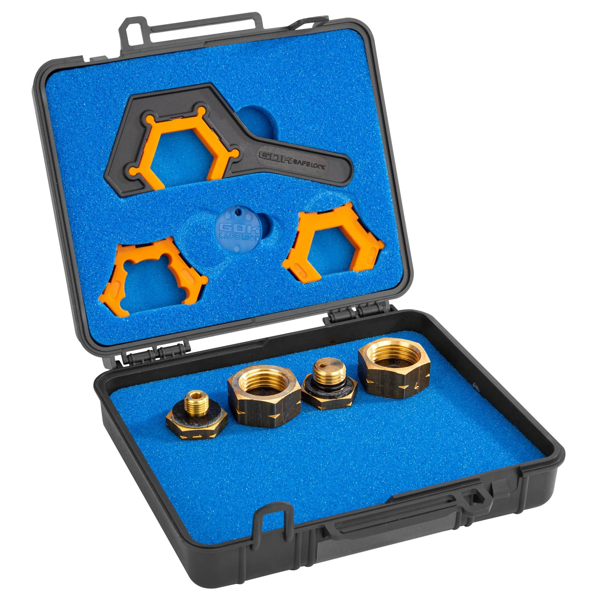 Geöffnetes schwarzes WEINSBERG Gasadapter-Set im Koffer mit blauem Schaumstoff, Messingadaptern und orangefarbenen Werkzeugen