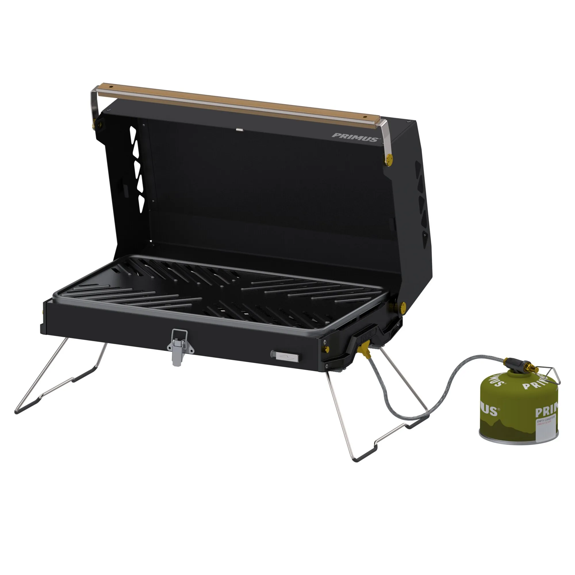 Mobiler schwarzer Gasgrill Primus Kuchoma mit aufgeklapptem Deckel, Grillrost, Standfüßen, Gasschlauch und grüner Kartusche, 2500 Watt