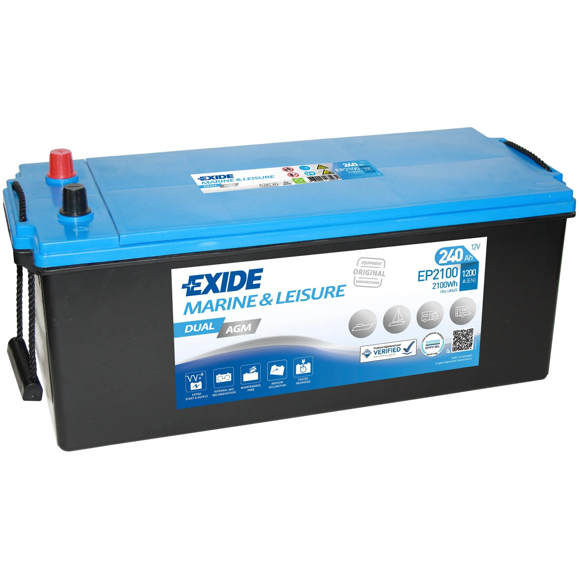 Blaue Exide Marine-&-Leisure Dual-AGM-Batterie EP2100 mit 240 Ah, 12 V, schwarzen Gehäuse und roten sowie schwarzen Anschlüssen
