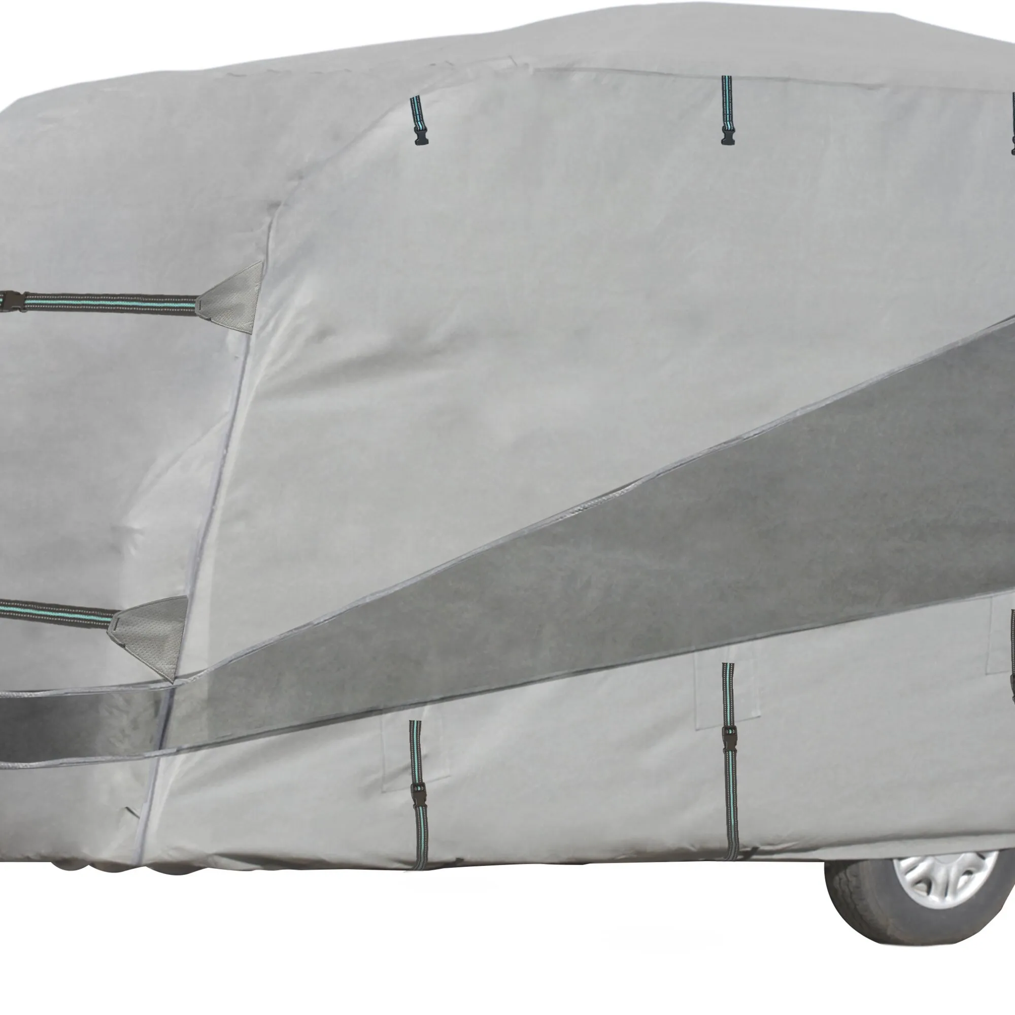 Graue Polycoat-Wohnwagen-Schutzhülle in Seitenansicht mit schwarzen Befestigungsriemen und sichtbarem Wohnwagenrad