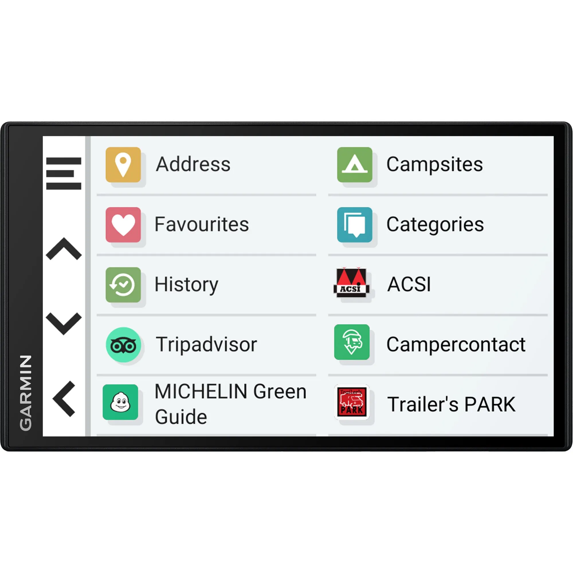 Garmin Camper 795 MT-D EU Navigationssystem mit schwarzem Rahmen und Menü für Adressen, Campingplätze und Favoriten