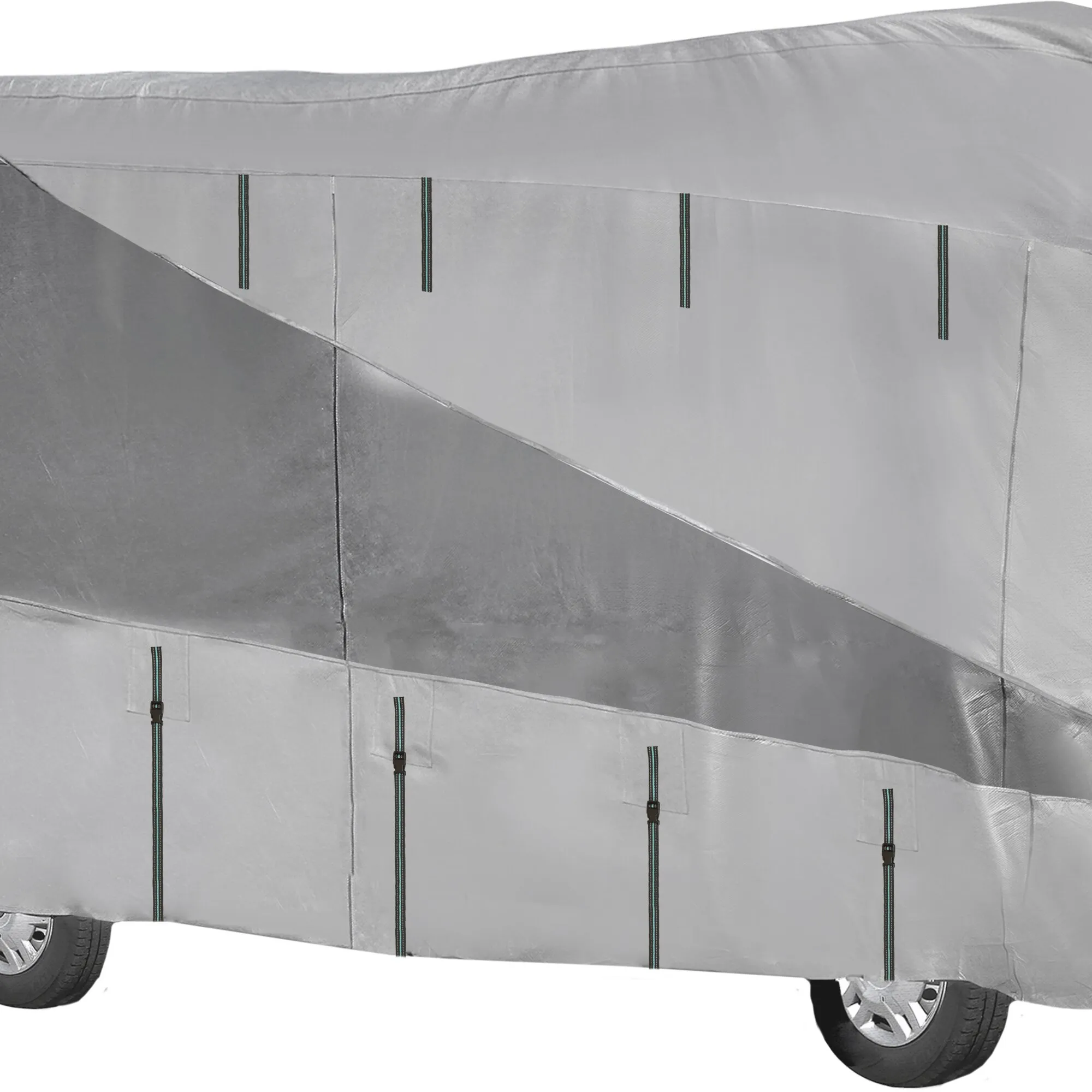 Seitenansicht einer großen Reisemobil-Schutzhülle Polycoat, silbergrau, mit vertikalen Zurrgurten und sichtbaren Rädern unten