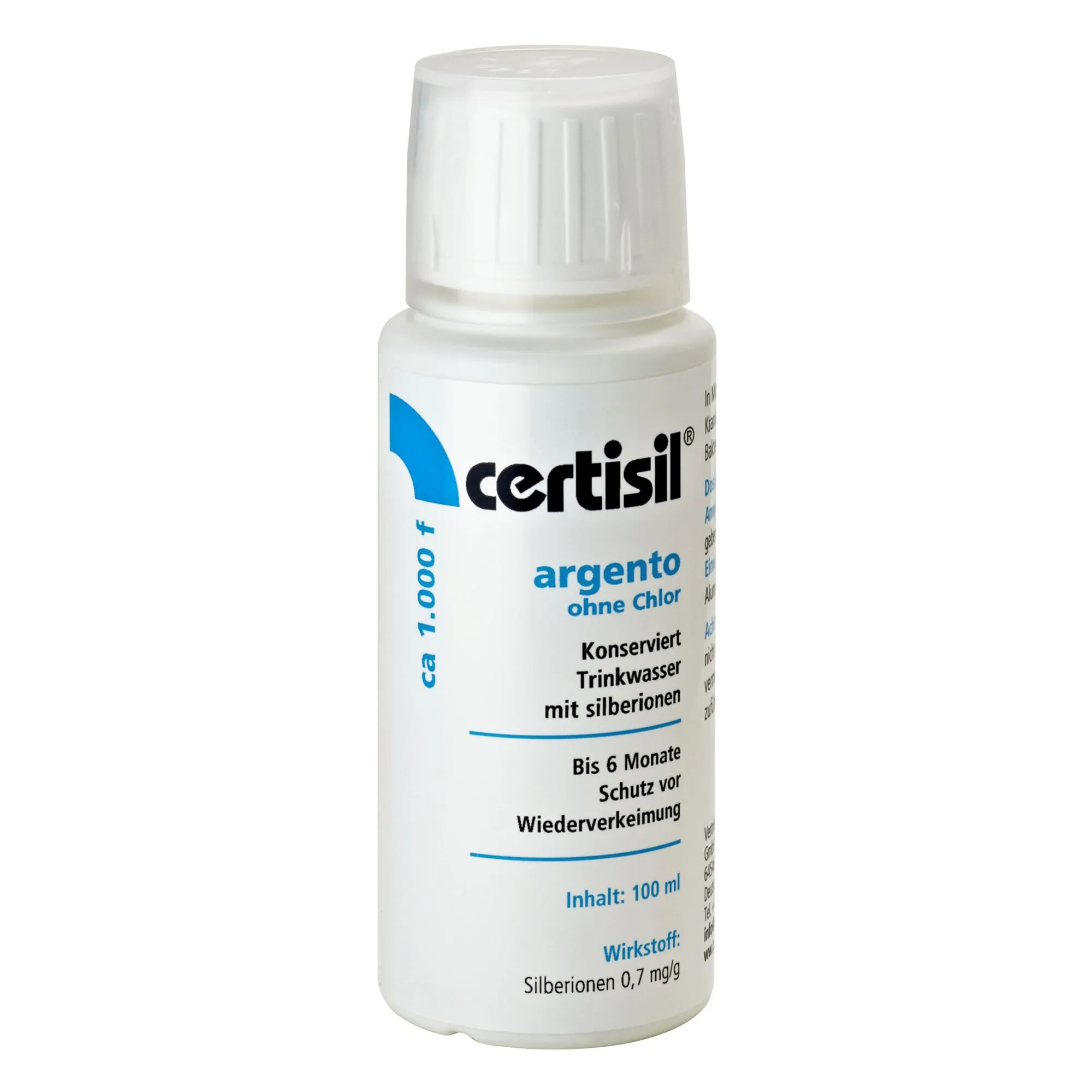 Weiße 100-ml-Flasche Certisil argento CA 100 f zur Trinkwasserhygiene ohne Chlor mit Silberionen und Schraubverschluss