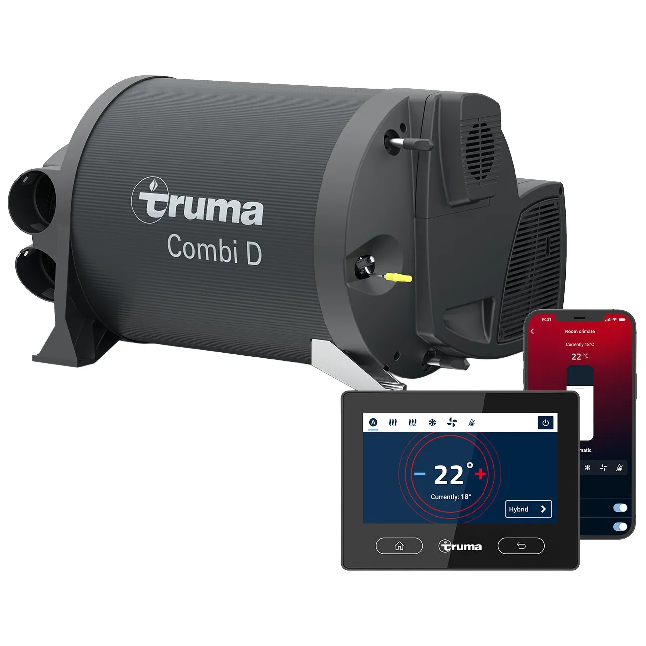 Truma Combi D Heizungs- und Warmwasserboiler in dunklem Grau, runde Form mit seitlichen Anschlüssen, Steuerpanel und Tablet-App-Bedienung