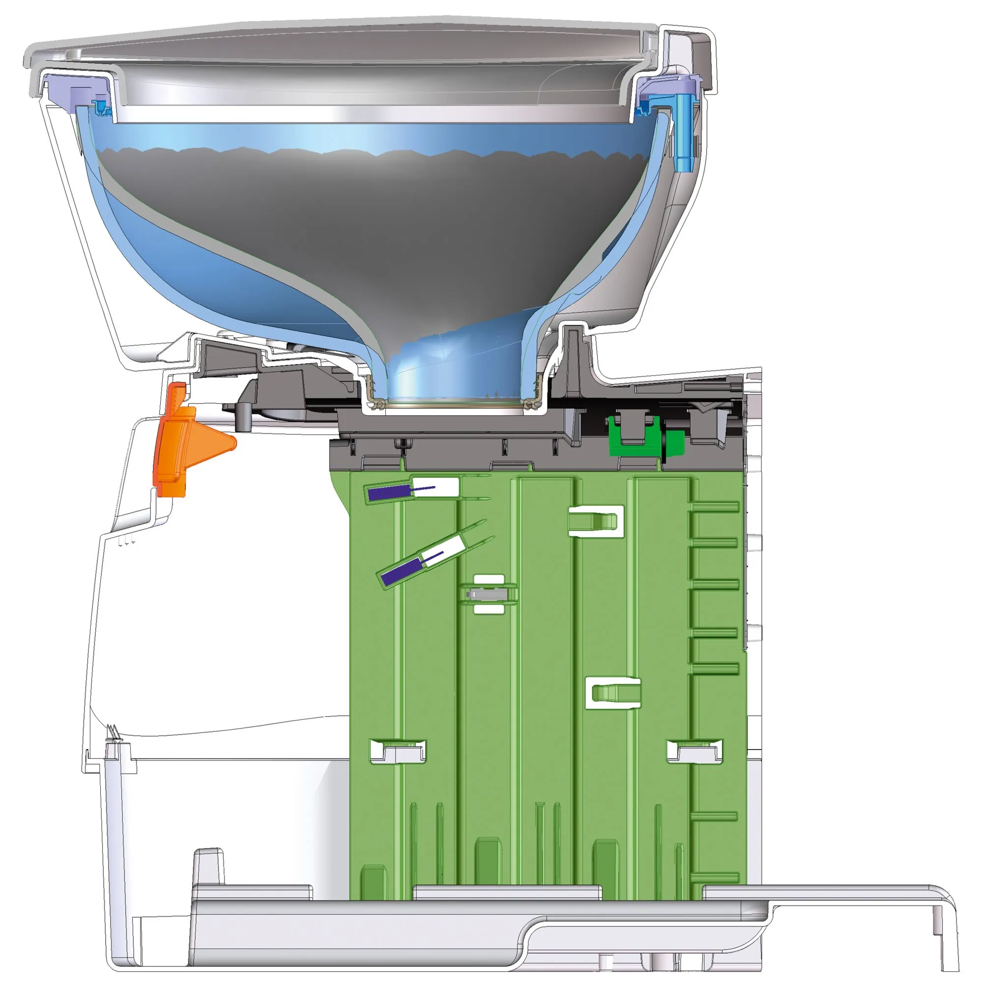 Schnittdarstellung der Cassettentoilette CT 4000 mit Spülwassertank CTW 4110, weißer Toilettenschüssel und grüner Fäkalienkassette