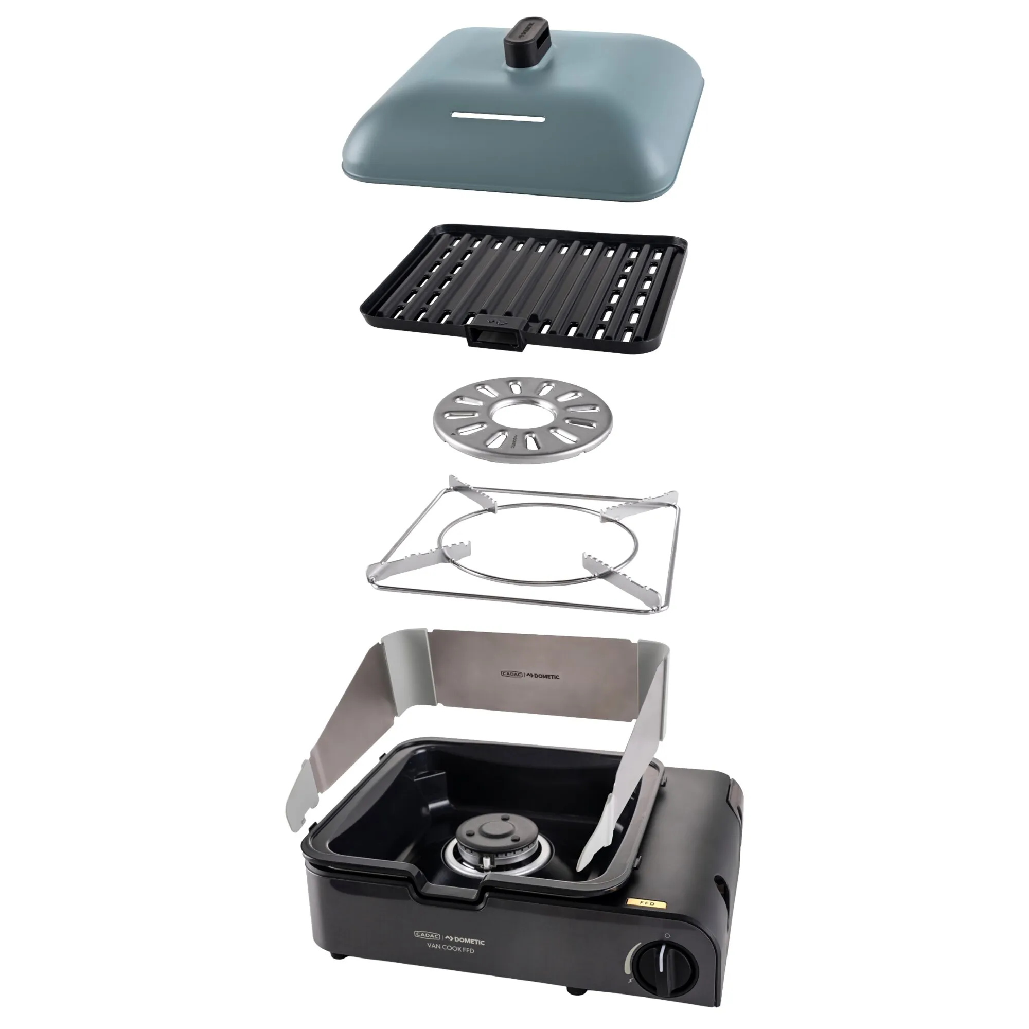 Campingkocher Van Cook FFD Combo von Cadac Dometic mit Deckel, Grillrost, Kochauflage, Windschutz und Brenner in Einzelteilen