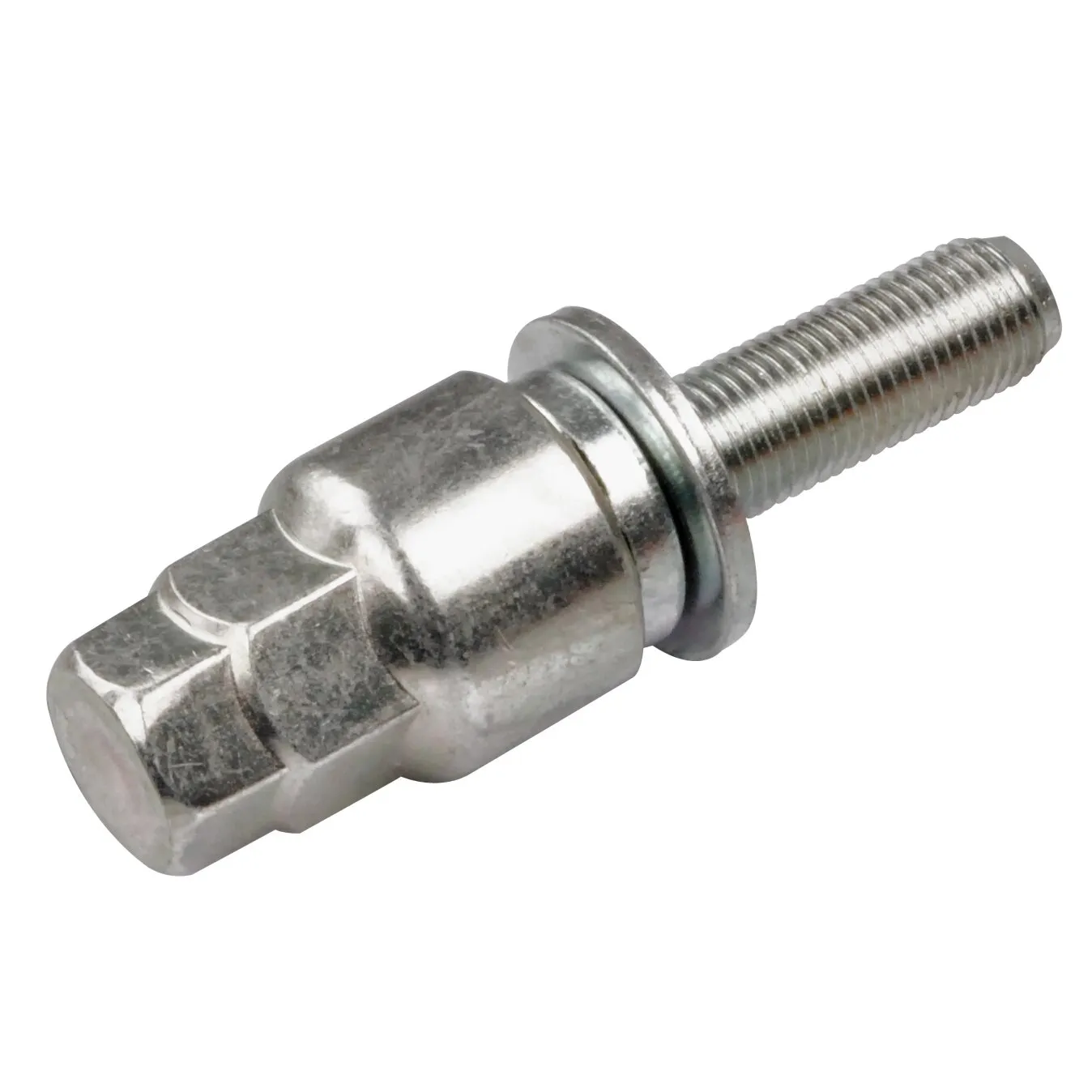 Silberne Sicherungsschraube aus Metall mit Sechskantkopf, Unterlegscheibe und vollständig sichtbarem Gewinde in Seitenansicht
