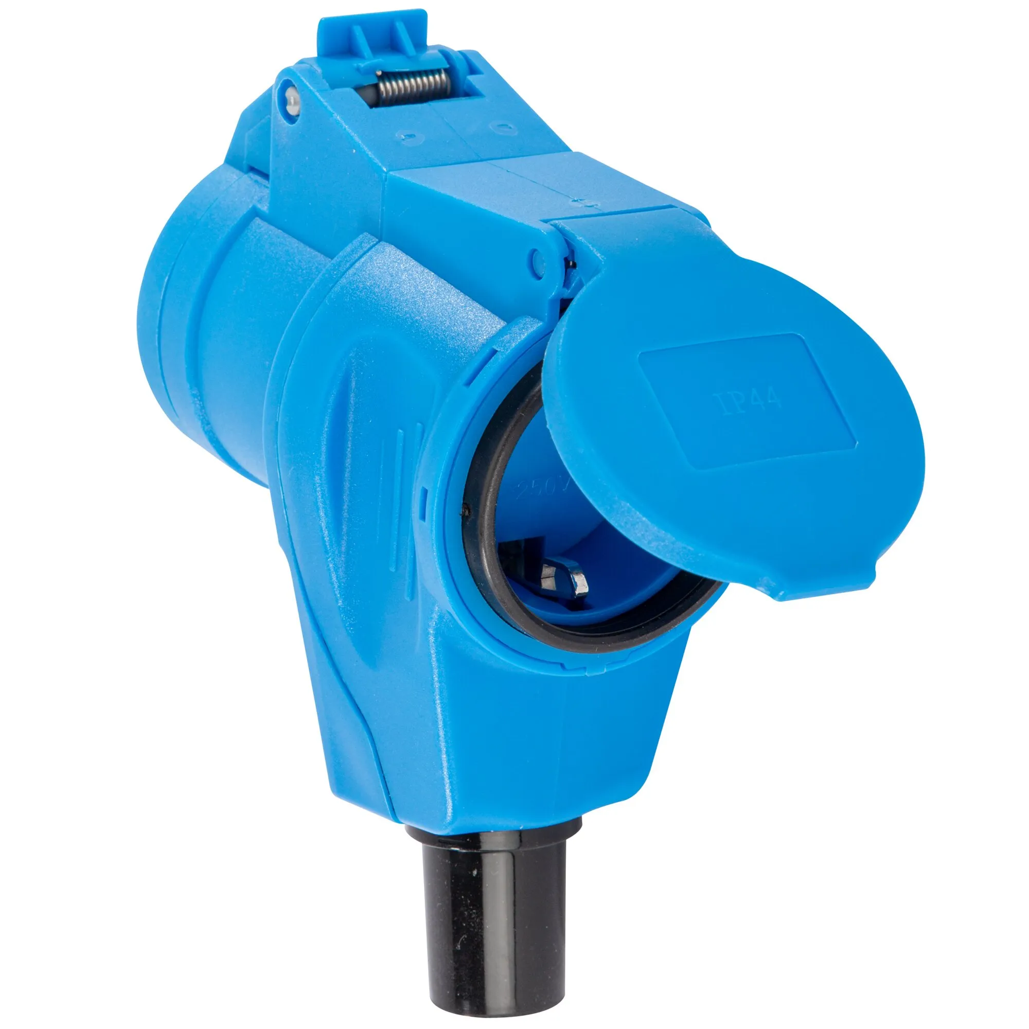Blaue CEE Schuko-Kupplung für Caravan mit geöffneter Schutzklappe, sichtbarer Dichtung und schwarzem Kabelanschluss, IP44 markiert
