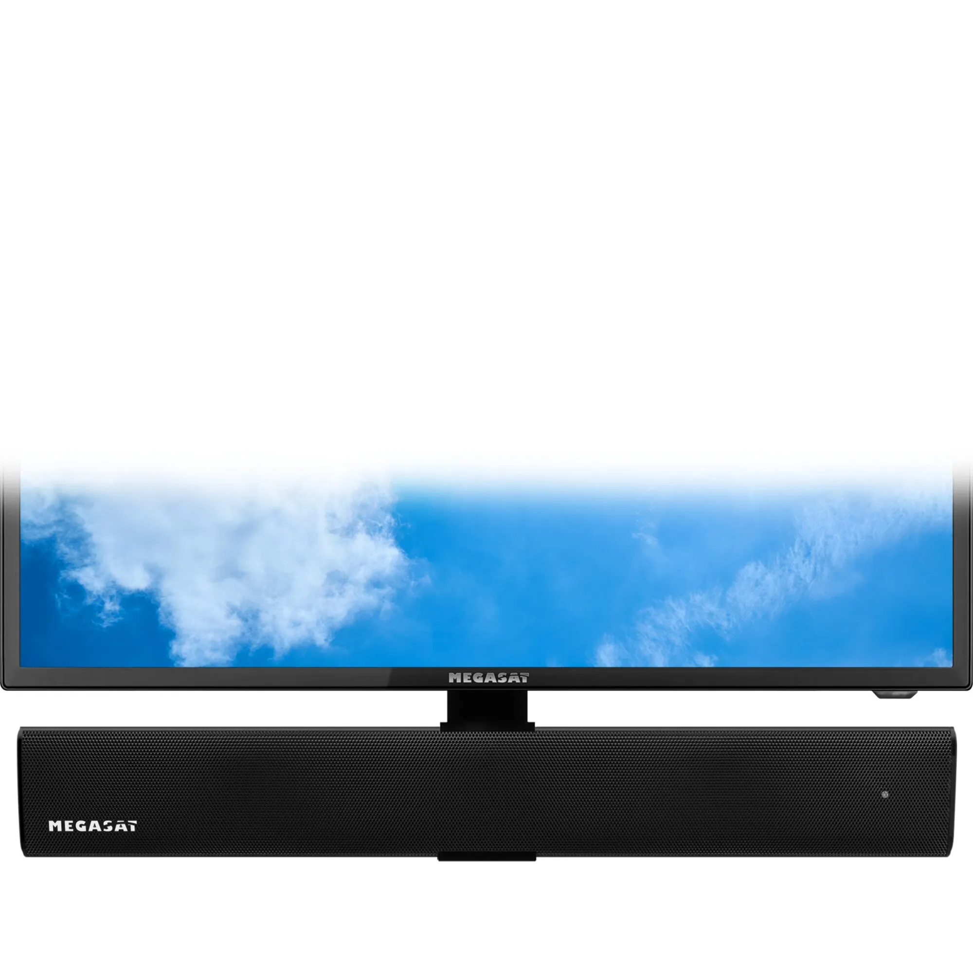 Schwarze Soundbar Klangwunder V von MEGASAT vor einem Fernseher mit blauem Himmel auf dem Bildschirm