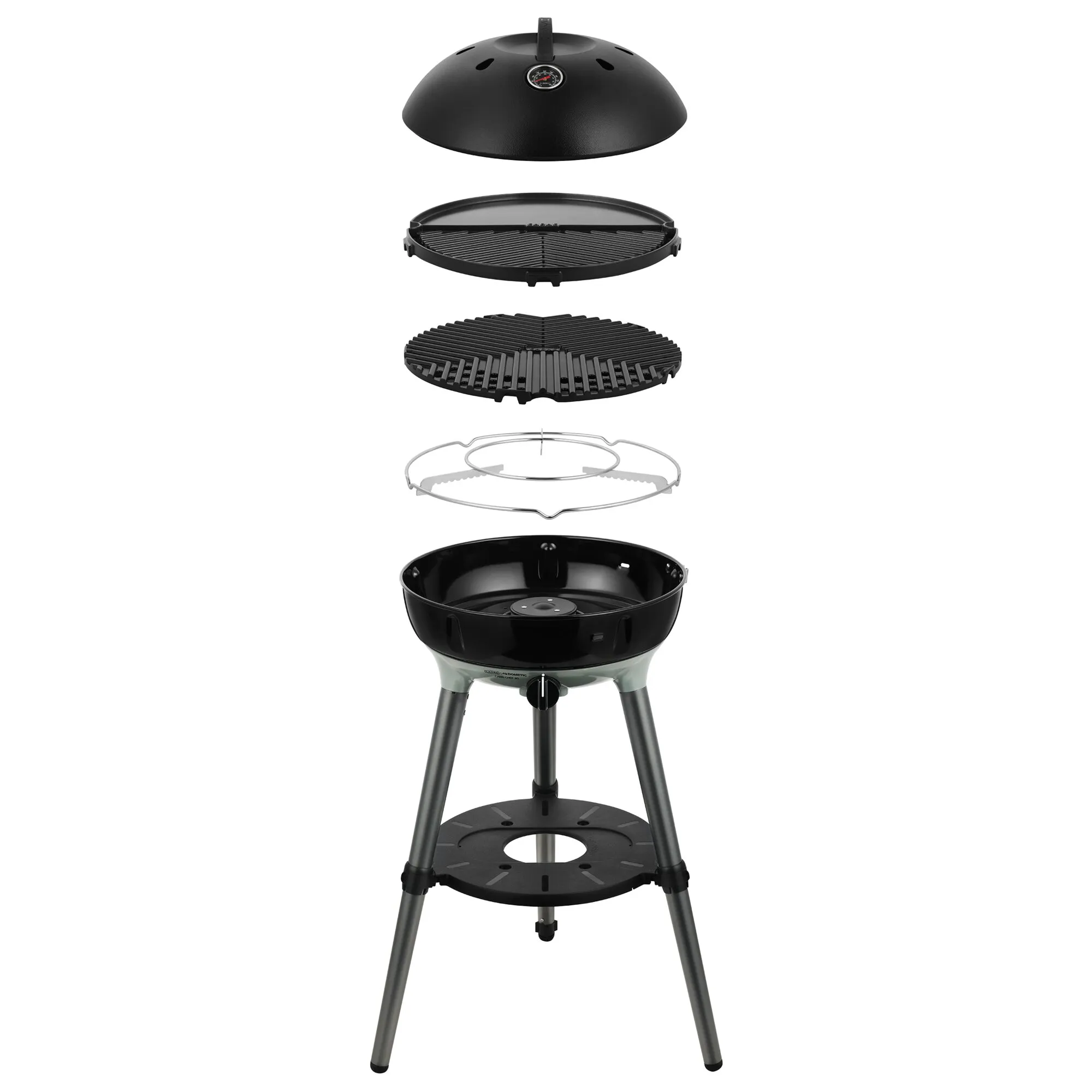 Gasgrill Carri Chef 40 BBQ/Grill2Braai in Explosionsansicht mit schwarzem Deckel, Grillrosten, Grillwanne und Dreibein-Gestell