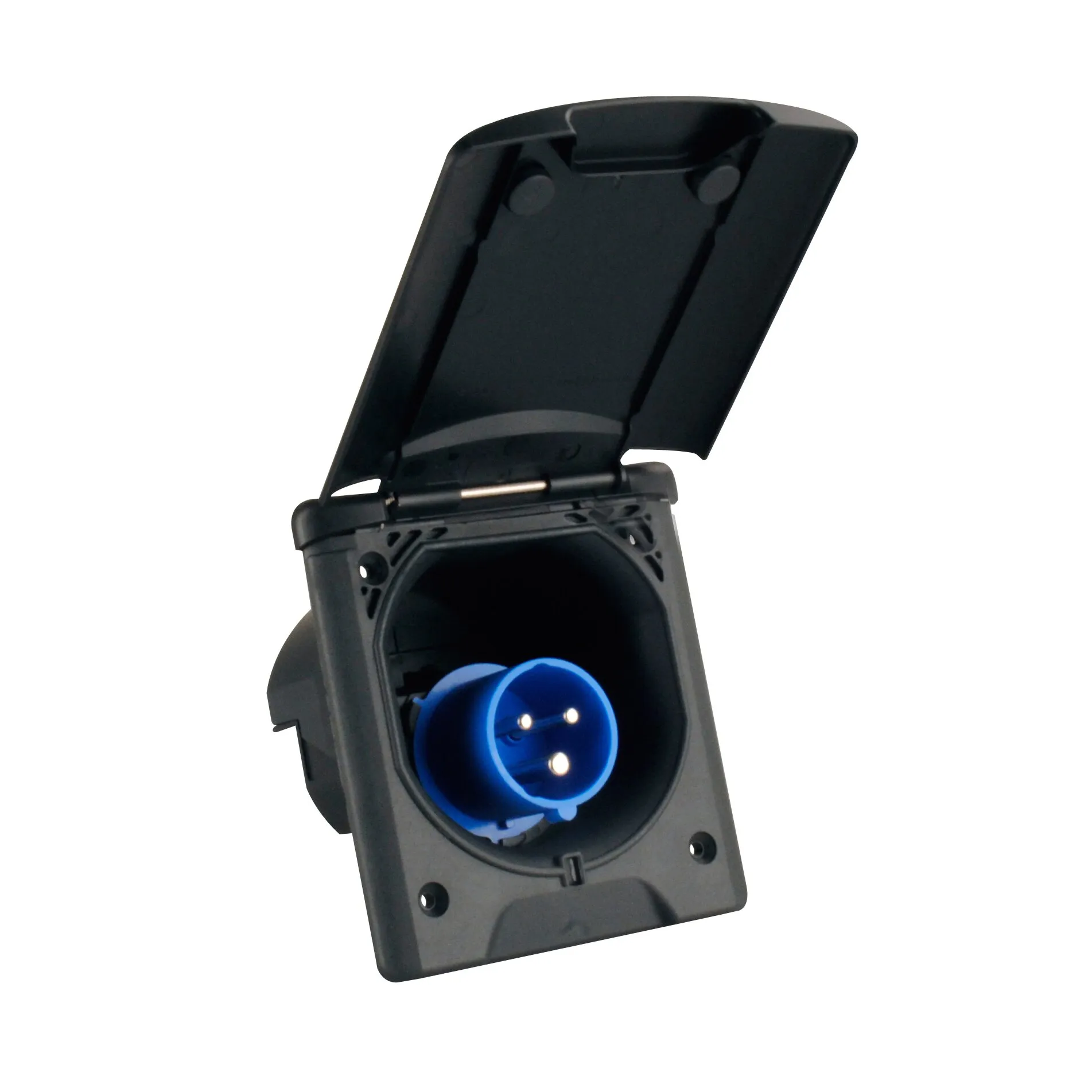 Schwarze CEE-Caravan-Einspeisung mit geöffnetem Klappdeckel und sichtbarem blauem dreipoligem Anschluss‑Stecker