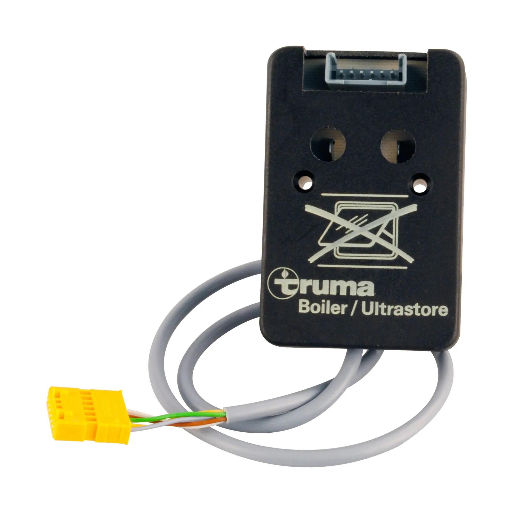Schwarze Abschaltautomatik von Truma für Boiler und Ultrastore mit grauen Kabeln und gelbem Anschlussstecker