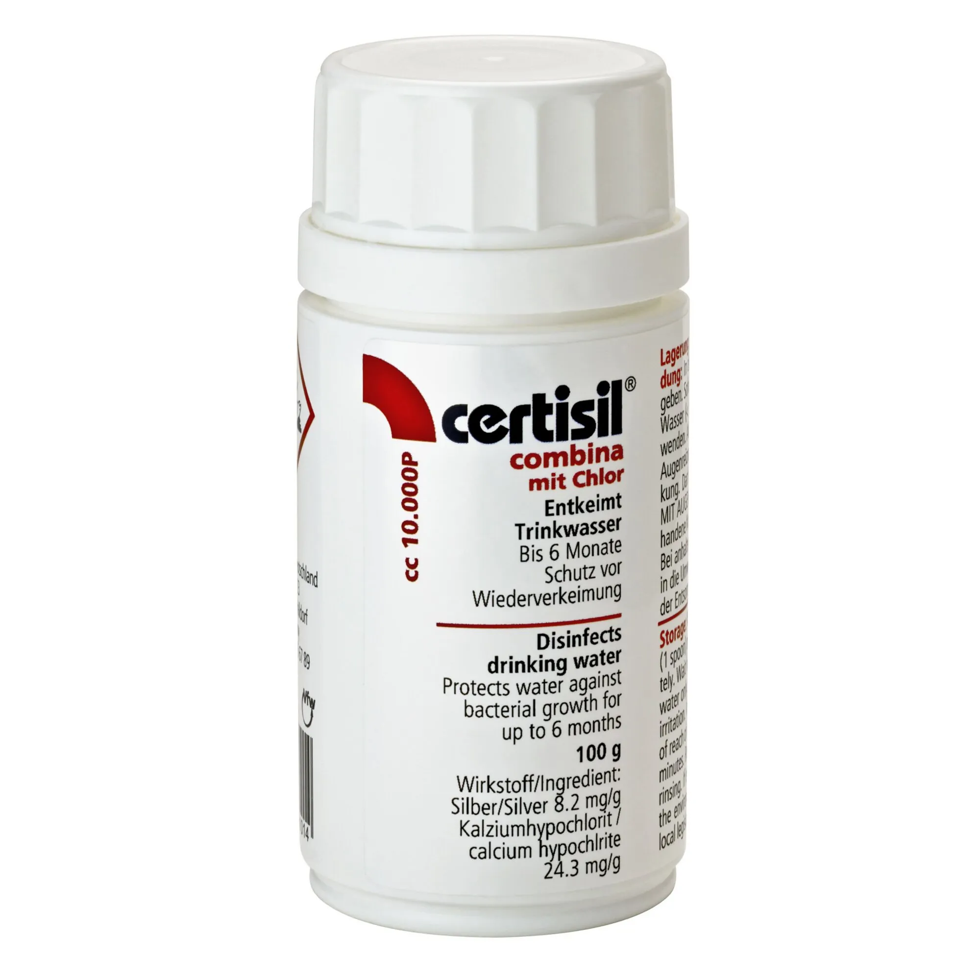 Weiße 100-g-Dose Certisil combina mit Chlor CC 10.000 P zur Desinfektion von Trinkwasser, mit weißem Schraubdeckel