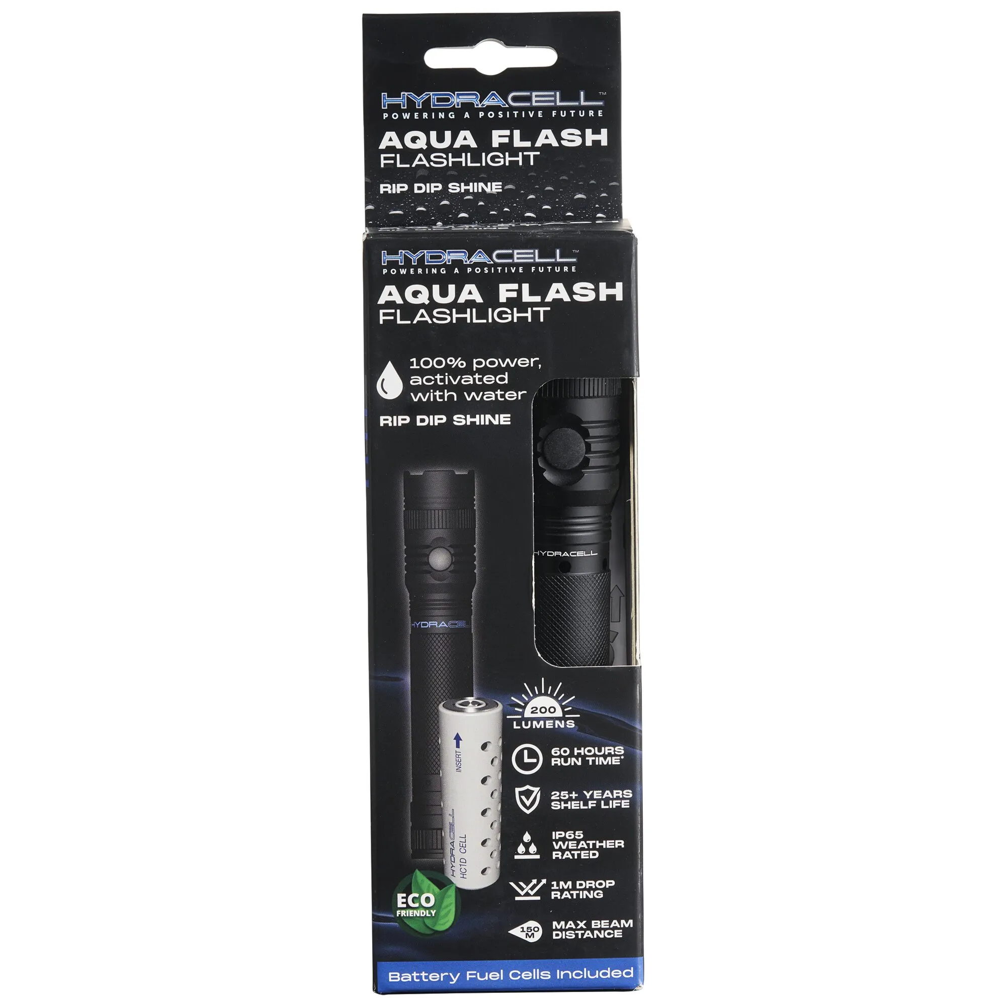 Verpackte schwarze Hydracell AQUA FLASH Taschenlampe mit Wasserzelle, 200 Lumen und 1-Meter-Fallfestigkeit