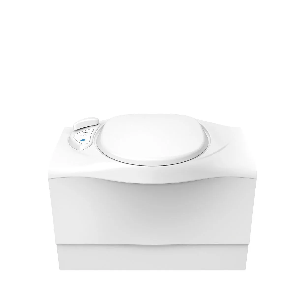 Weiße Cassettentoilette C403-L mit geschlossenem Toilettendeckel und seitlichem Bedienfeld in Frontalansicht