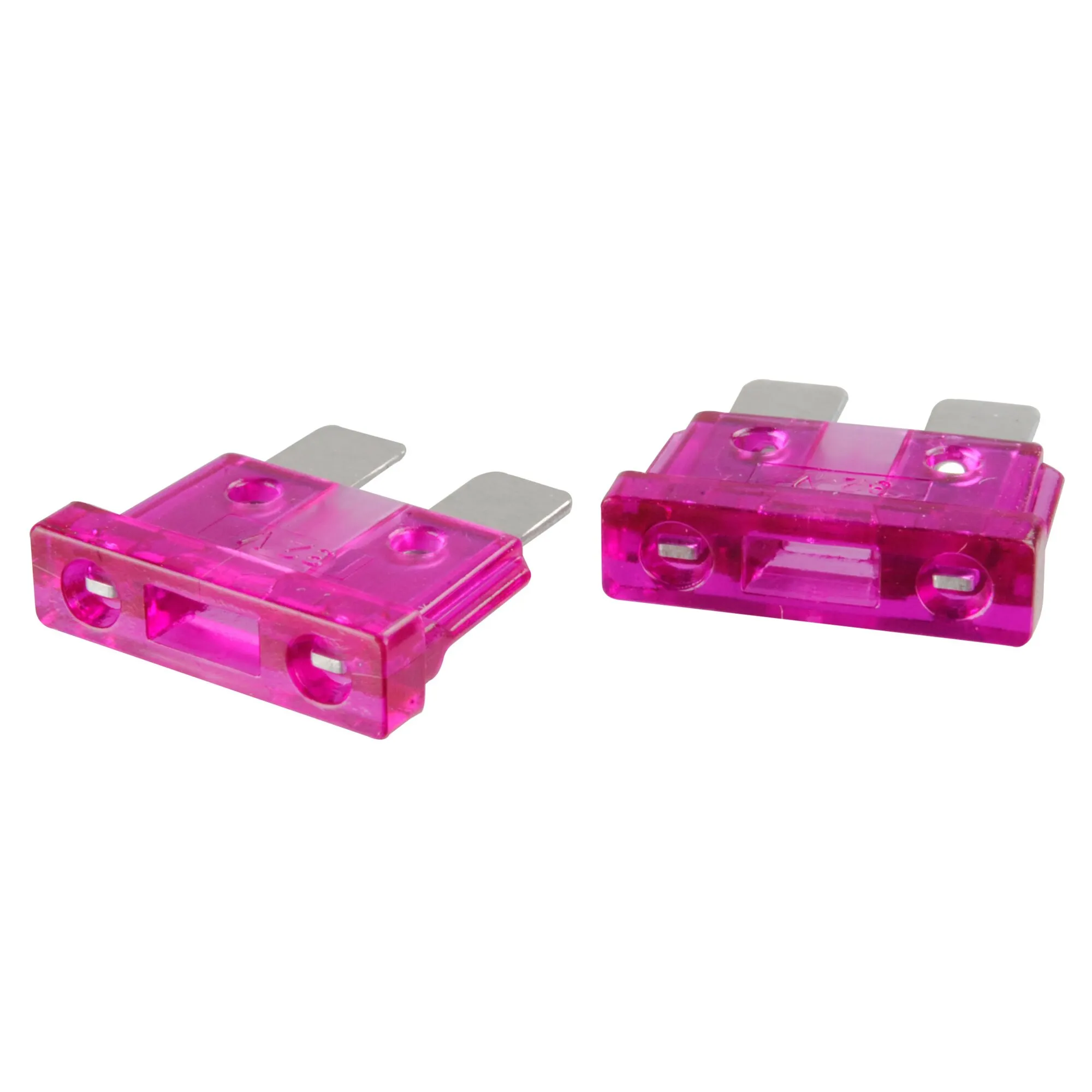 Zwei transparente pinke Flachsicherungen mit sichtbaren Metallkontakten und der Prägung 3 A auf weißem Hintergrund
