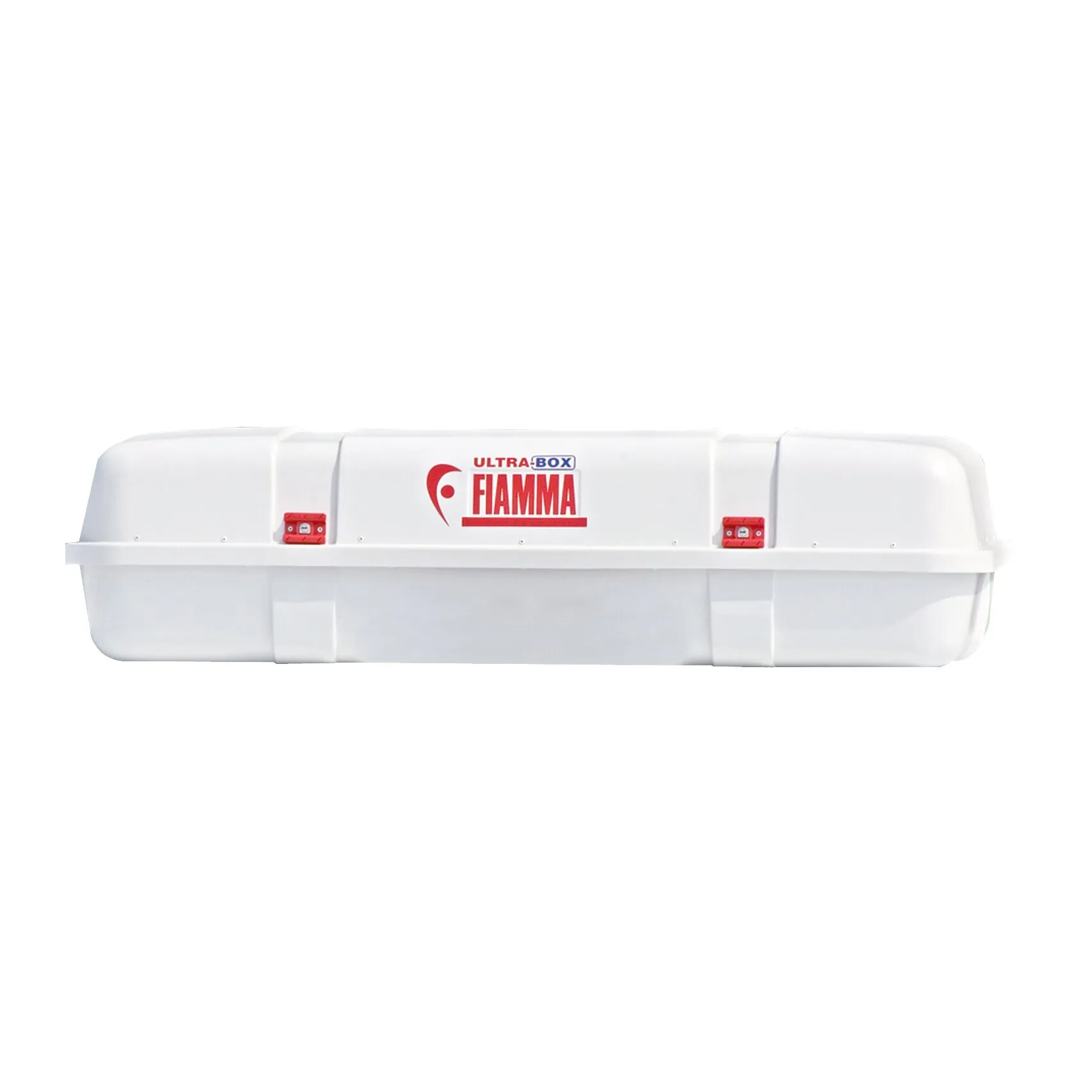 Weiße Dachbox Ultra Box von Fiamma mit 520 Litern Volumen, zwei roten Verschlüssen und Fiamma-Logo in Frontansicht