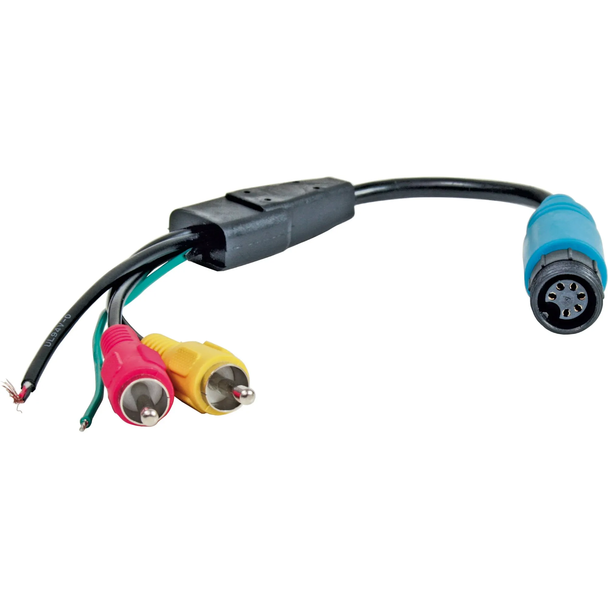 Adapterkabel für Monitore mit blauer 6-poliger Schraubkupplung und roten und gelben Cinch-Steckern sowie offenen Kabelenden