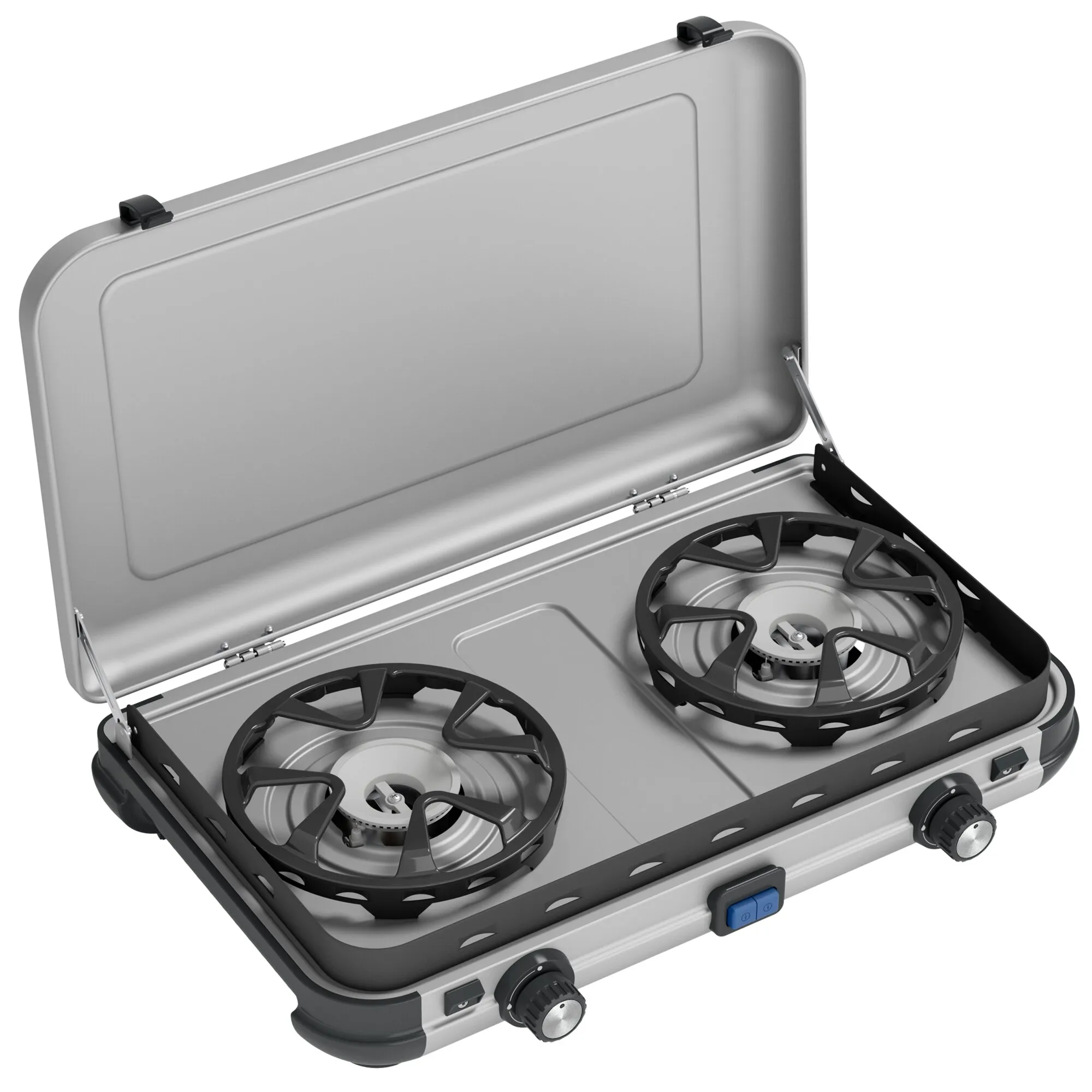 Gaskocher Camping Kitchen 2 MAXI in Silber mit aufgeklapptem Deckel, zwei Brennern, Topfträgern und Drehreglern