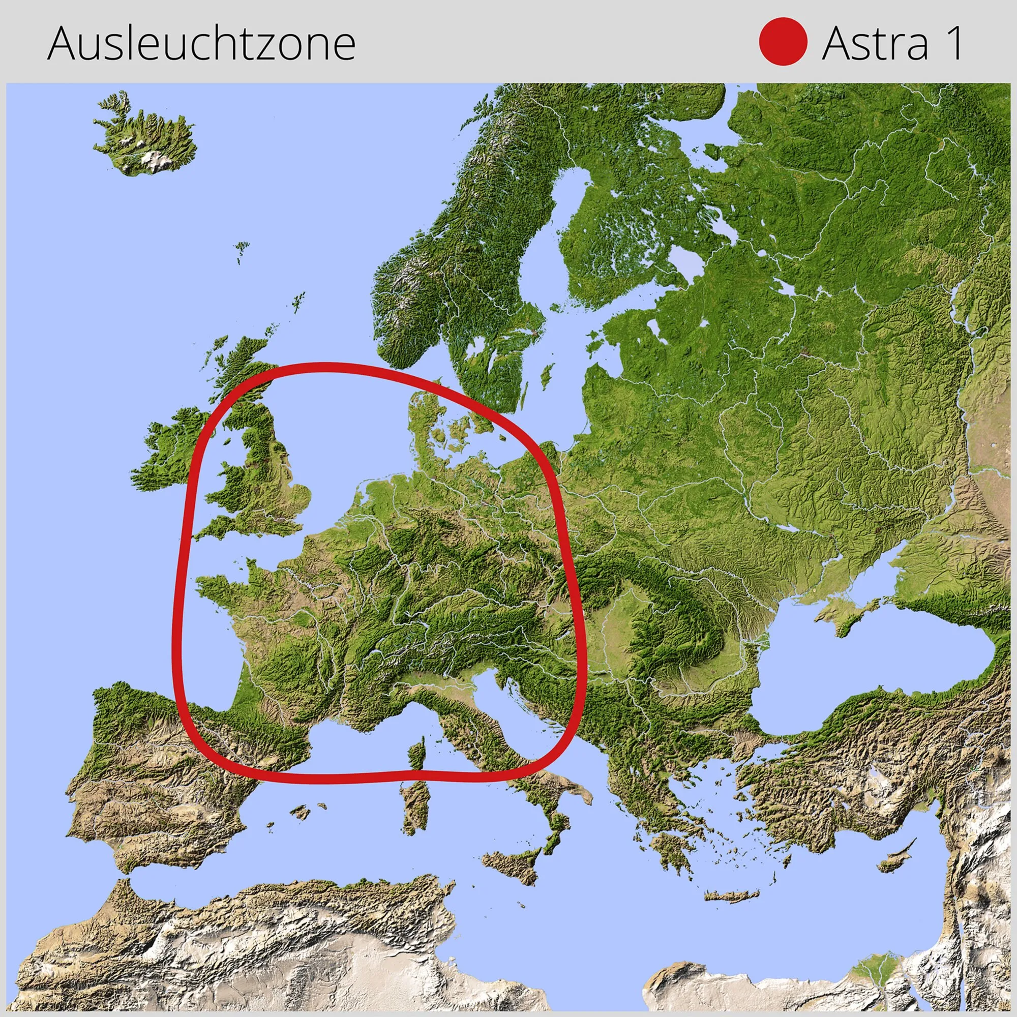 Reliefkarte Europas mit rot markierter Ausleuchtzone des Satelliten Astra 1 in West- und Mitteleuropa