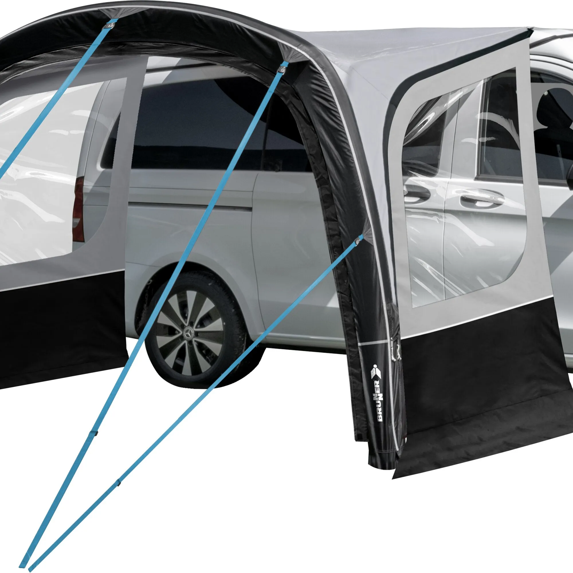 Seitenwand-Set für Bus-Vorzelt Skia Auto-Up, montiert an einem weißen Fahrzeug mit transparenten Fenstern und blauen Abspannleinen