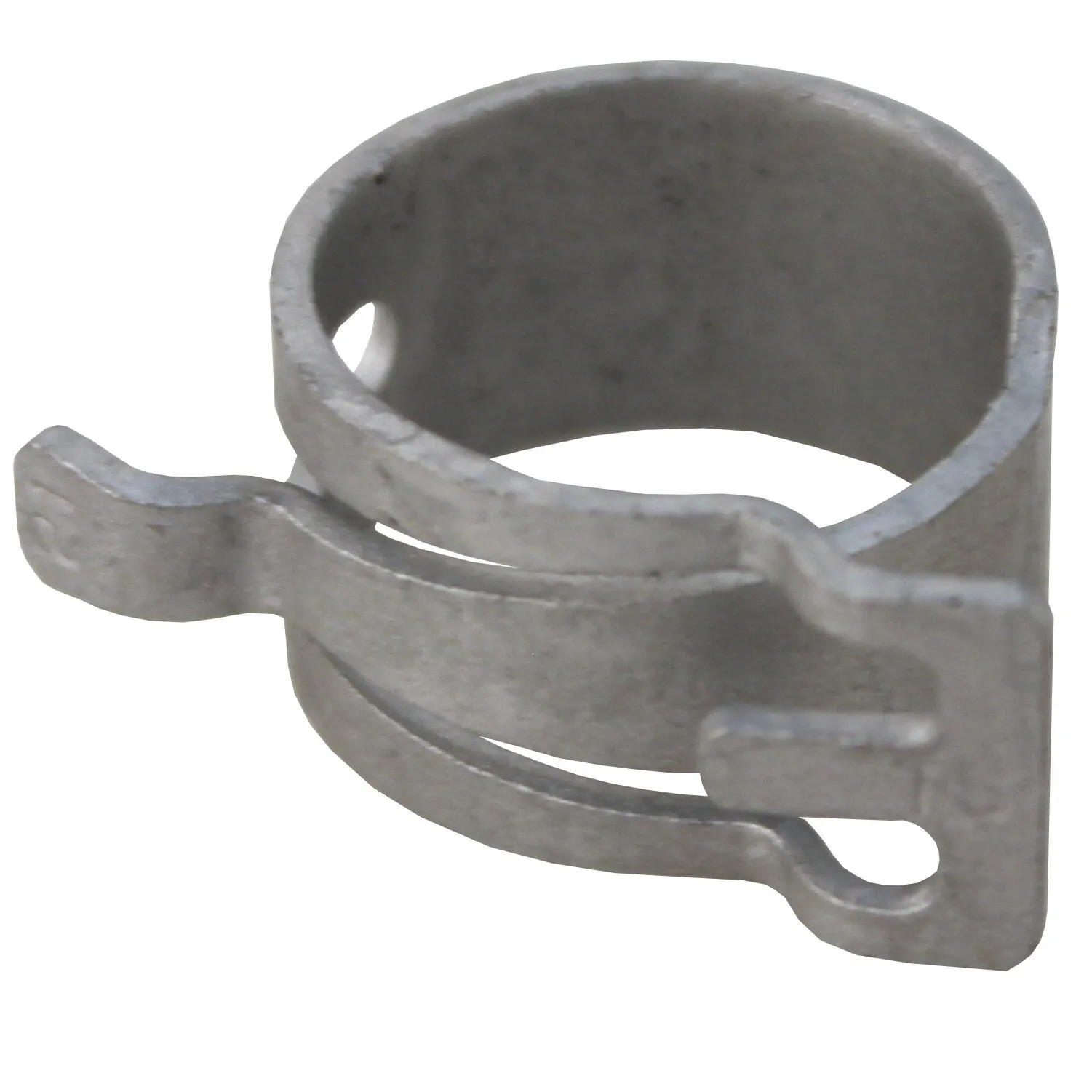 Graue metallische Federbandschelle mit offenem Spannring, seitlichen Laschen und 16 mm Bandbreite in entspannter Stellung