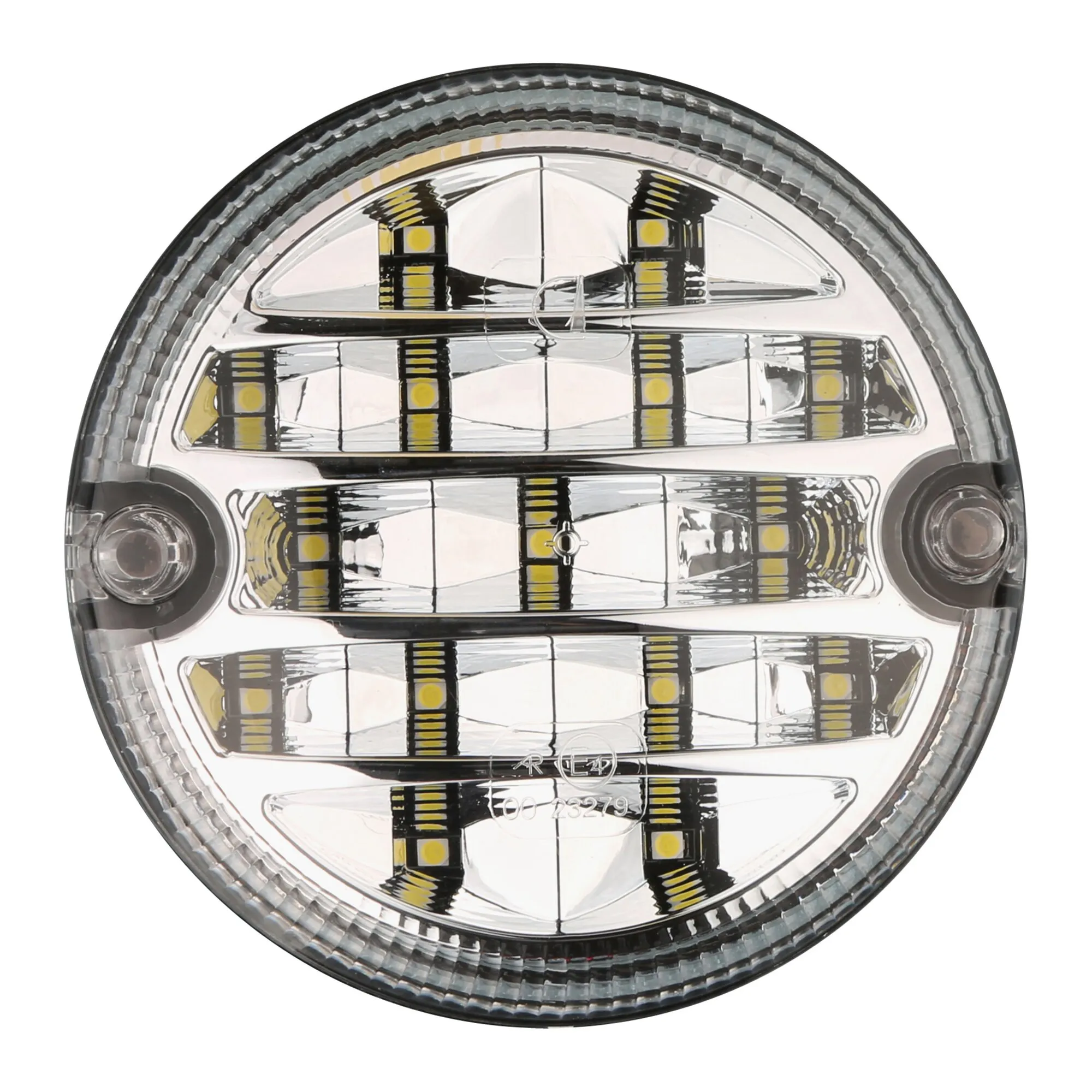 Runde LED-Rückfahrleuchte mit transparenter Abdeckung, sichtbaren gelben LED-Elementen und schwarzem Außenring in Frontalansicht