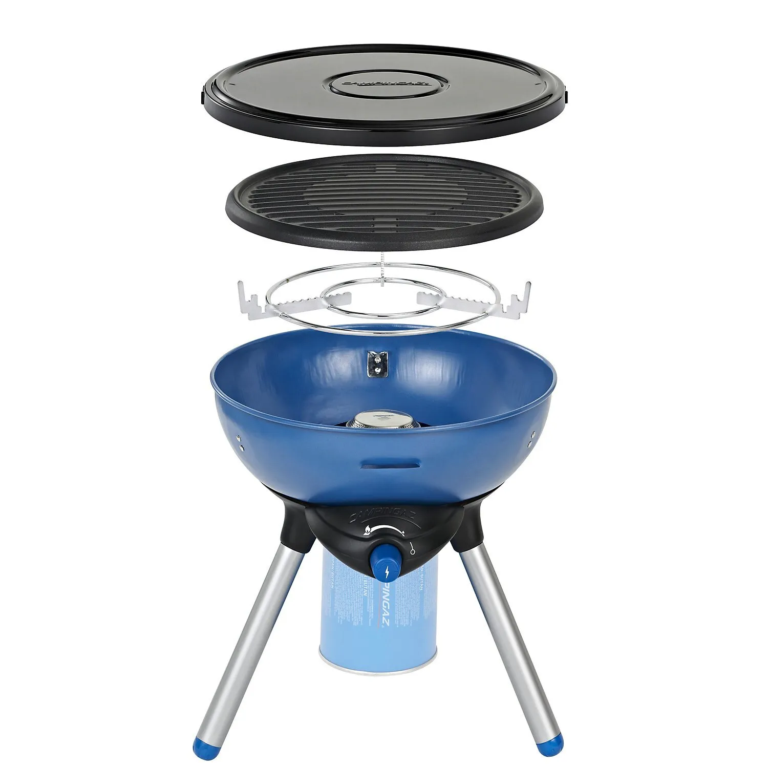 Explosionsansicht des blauen Campingaz Party Grill 200 CV mit Deckel, Grillrost, Brenner, Gaskartusche und drei Standbeinen