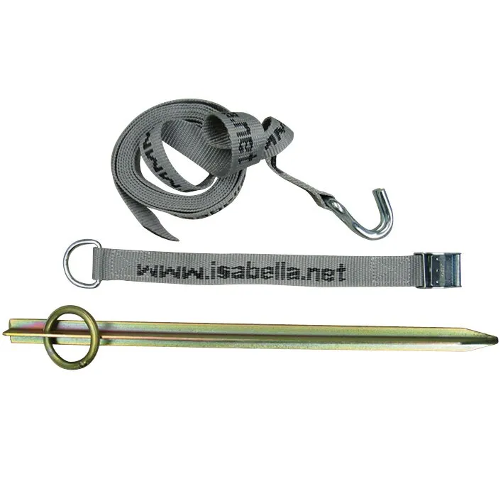 Graues Sturmsicherungsset Isabella mit Gurt, Haken, Spannverschluss und Metallhering mit Ring unerquicklich