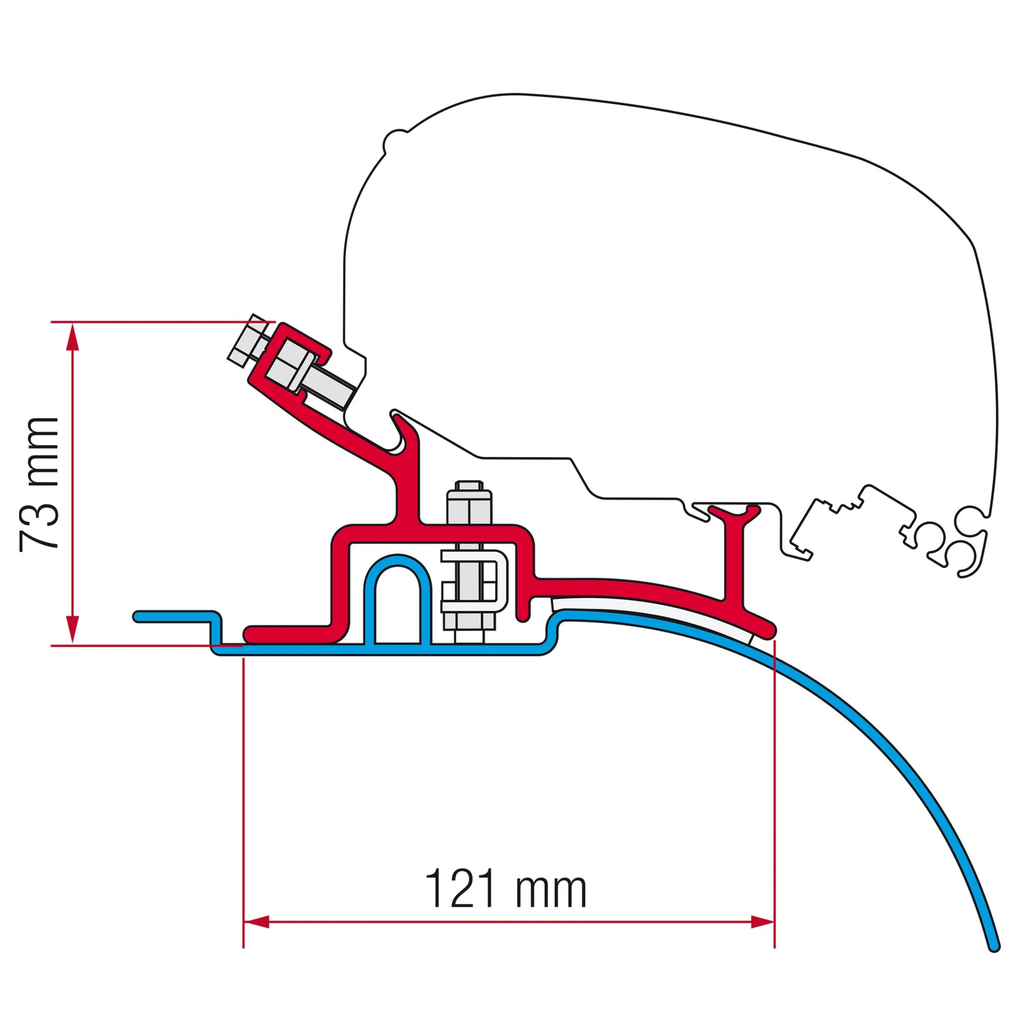 Technische Seitenansicht des roten Kits für Fiat Ducato mit blauem Anschlussprofil und Maßangaben 73 mm Höhe sowie 121 mm Breite