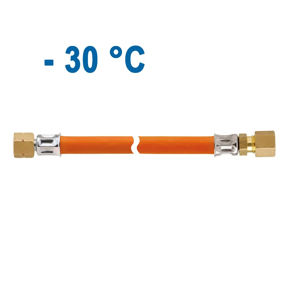Orange Mitteldruck-Schlauchleitung MS, 400 mm, mit verpressten Metallhülsen und Messinganschlüssen, gekennzeichnet mit −30 °C