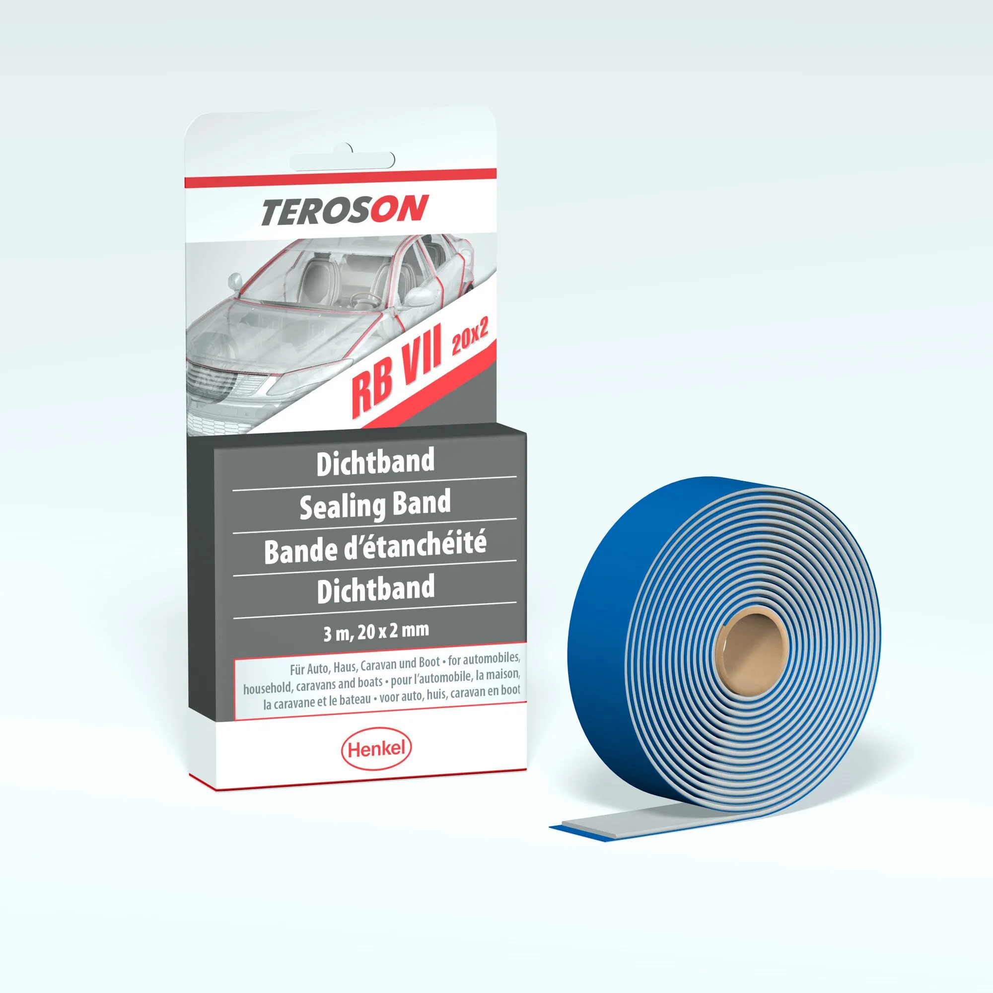 TEROSON RB VII Dichtband von Henkel als blaue Rolle mit herausgezogenem Band neben der Verpackung, 3 m, 20 x 2 mm