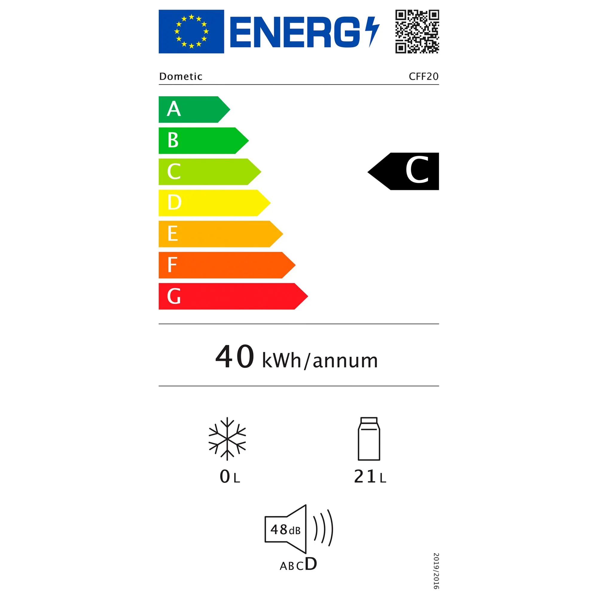 EU-Energielabel für die Dometic CFF20 Kompressor-Kühlbox: Energieeffizienzklasse C, 40 kWh/Jahr, 21 l und 48 dB