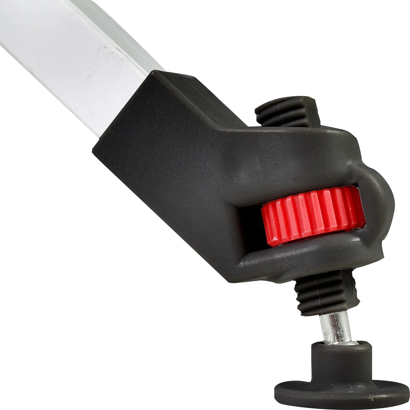 Detailaufnahme der schwarzen Laufrolle des Rolltischs Titanium Axia mit rotem Rad, verstellbarer Standfläche und silberner Führungsschiene
