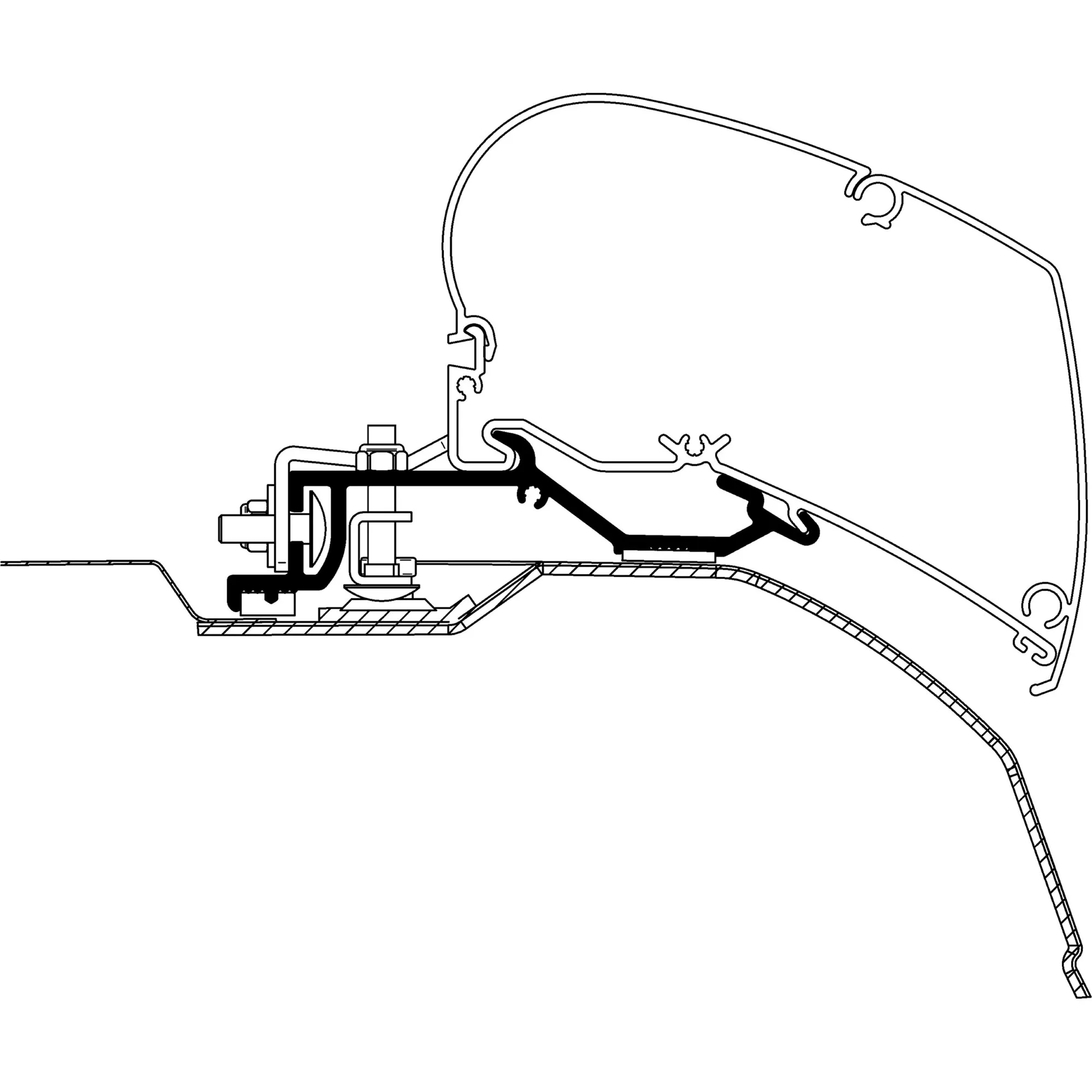Technische Schnittzeichnung eines Adapters für Fiat Ducato ab Baujahr 2006/07 zur Montage einer TO-Serie-6-Markise