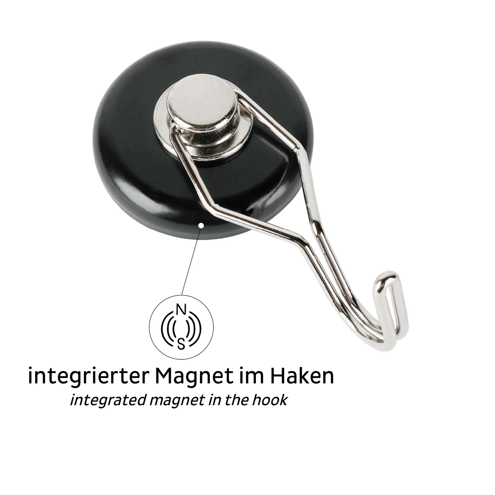 Schwarzer runder Magnet-Haken THE ONE aus Metall mit integriertem Magneten und silbernem Doppelhaken