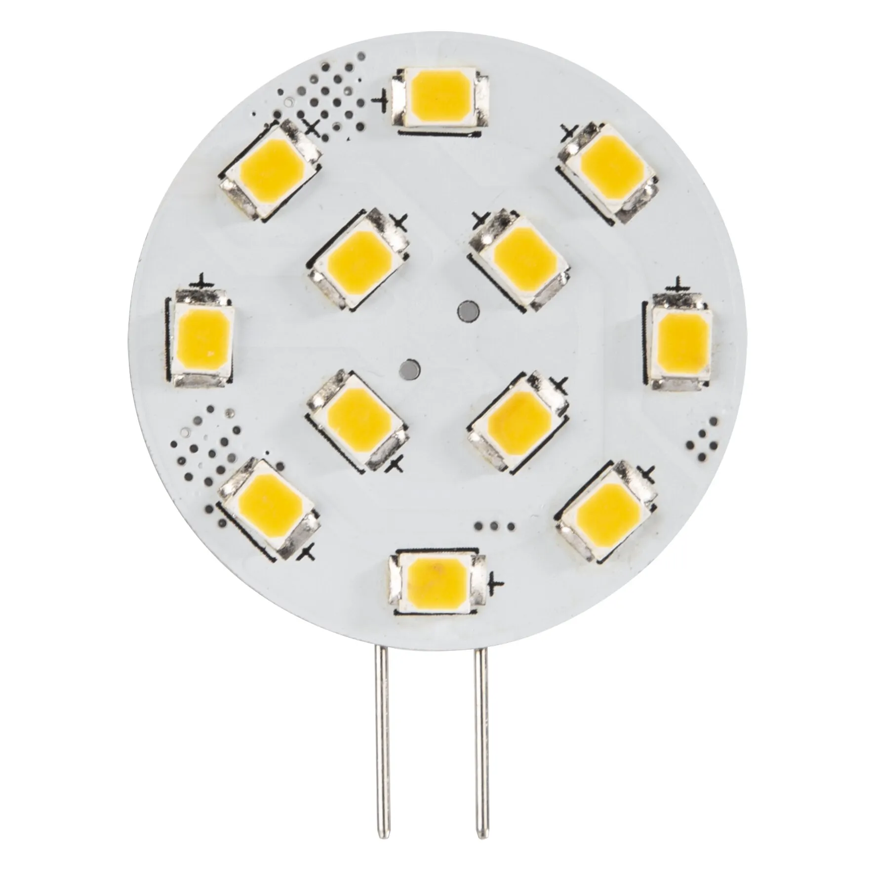 Rundes G4-LED-Flachmodul mit 2 W, zwölf gelben LED-Chips auf einer weißen Platine und zwei Anschlussstiften