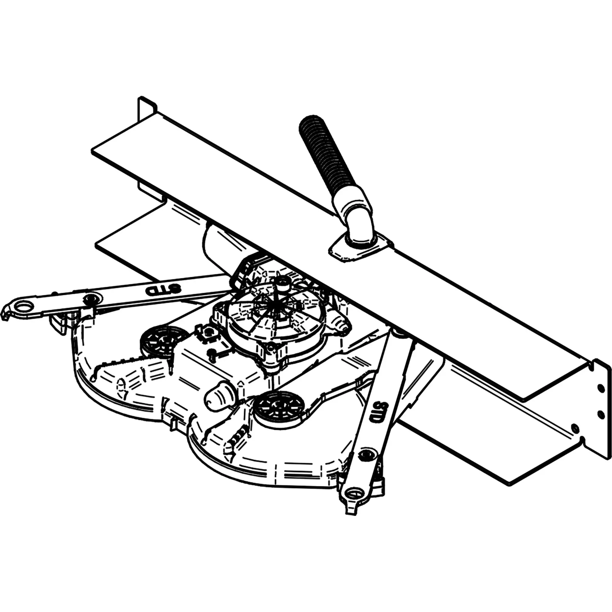 Technische Linienzeichnung der Antriebseinheit des Thule Slide-Out Step G2 12V: rechteckige Trittfläche, Schwenkarm, Zahnräder und ein gewundener Zylinder