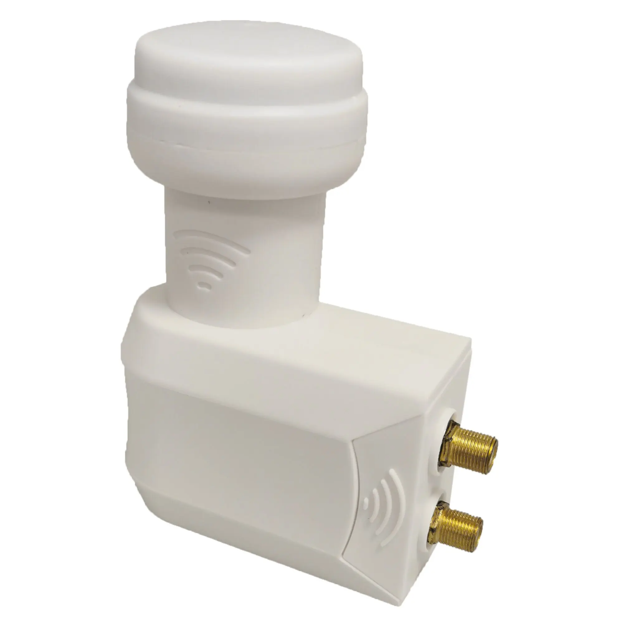 Weißer Titanium Universal-LNB Twin mit rundem Oberteil, schlankem Hals und seitlich zwei goldfarbene Steckverbinder; Gehäuse mit Lüftungslöchern