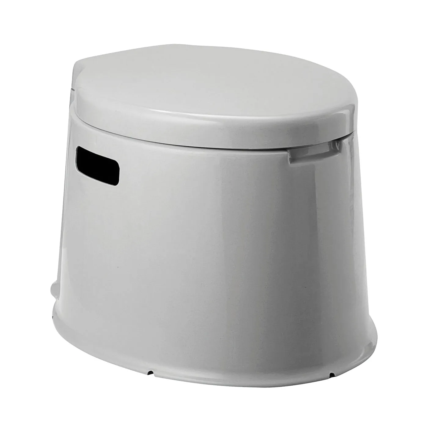 Graue Eimertoilette Optitoil mit rundem Deckel, konischer Form und seitlicher Grifföffnung, 30 cm hoch