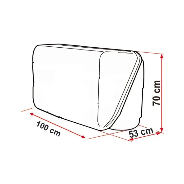 Weiße Heckbox Ultra-Box 320 in Seitenansicht mit eingezeichneten Maßen: 100 cm Länge, 53 cm Breite und 70 cm Höhe