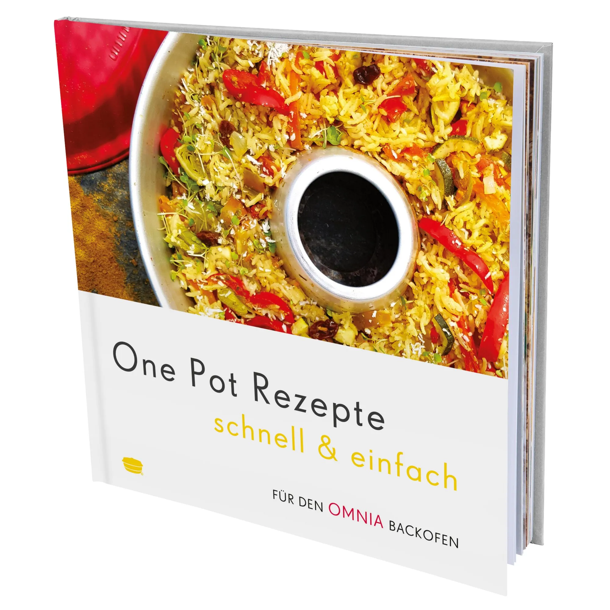 Kochbuch „One Pot Rezepte schnell & einfach“ für den Omnia Backofen mit buntem Reisgericht aus Gemüse auf dem Cover