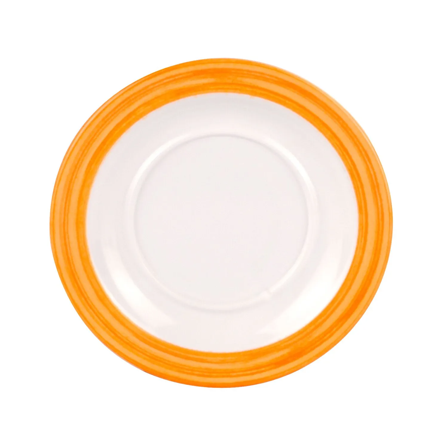 Orange-weiße Untertasse der Geschirrserie Family Bistro mit mehreren orangefarbenen Ringen am Rand, Ansicht von oben