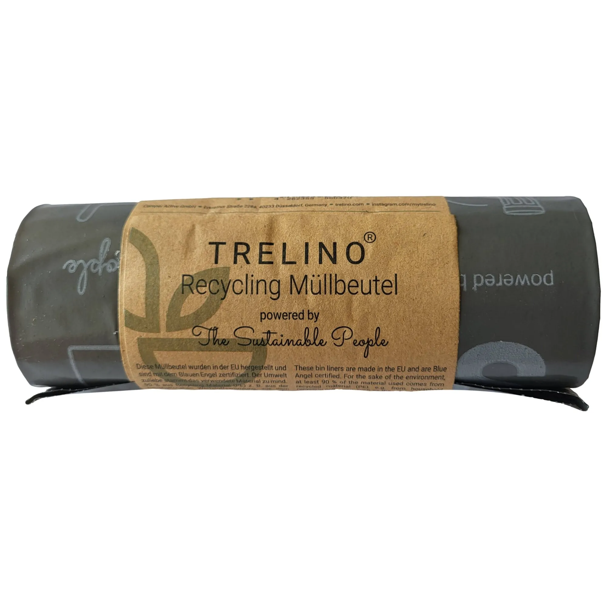 Gerollter schwarzer Trelino Recycling-Müllbeutel mit brauner Banderole, passend für 18 Liter Fäkalien- beziehungsweise Toilettenabfälle