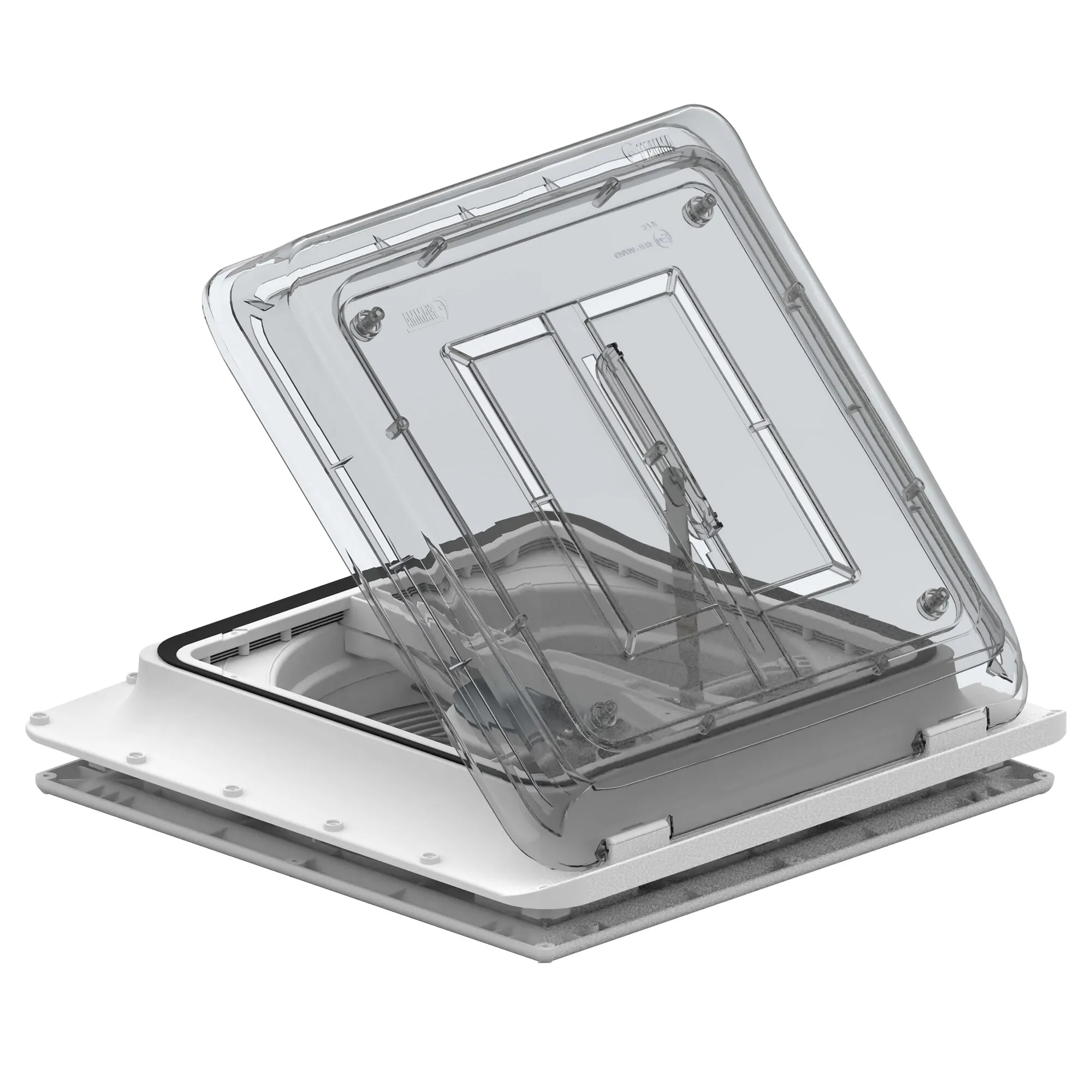 Transparente Dachhaube Vent 40 crystal mit geöffnetem Klappdeckel und weißem quadratischem Montagerahmen