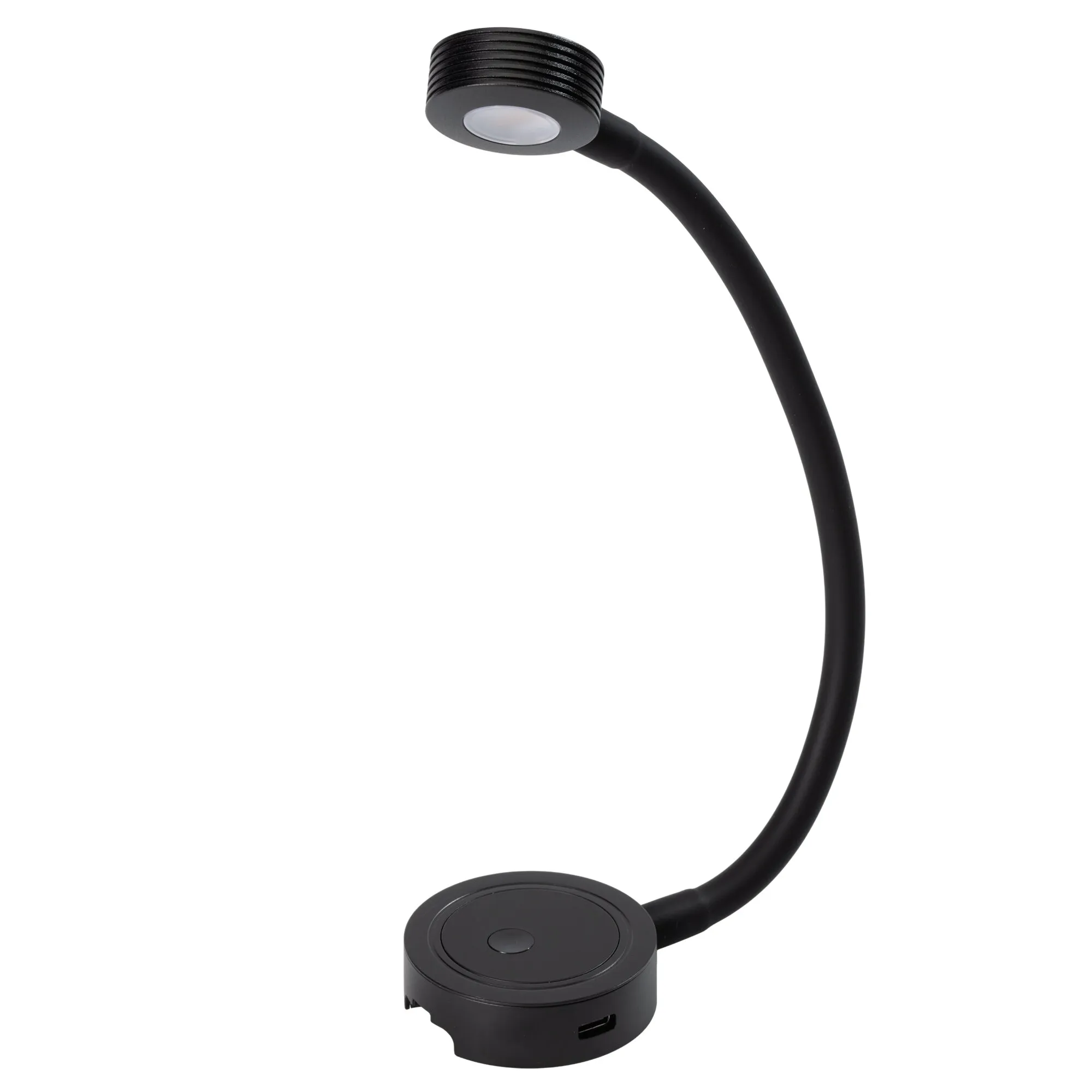 Schwarze LED-Schwanenhalsleuchte mit rundem, geriffeltem Kopf, sichtbarer LED-Lichtfläche und gebogenem Hals, der Kopf mit runder Basis verbunden ist