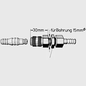 Technische Seitenansicht einer Schnellkupplung mit Schlauchanschlüssen, Maßangabe 30 mm und Hinweis für Bohrung 15 mm Durchmesser